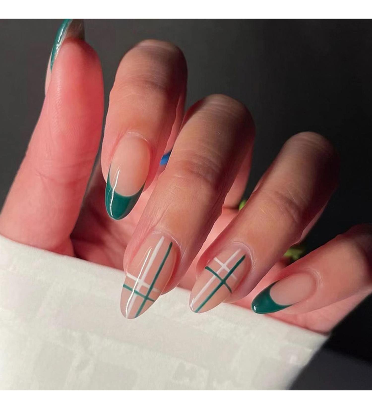 Justotry 24 Pcs Almond False Nails Short Dark Green French Press on Nails with Nail Glue - Oval Stick on Nails for Women - Teal Green Pattern Fake Nails - Buy Online on GoSupps.com