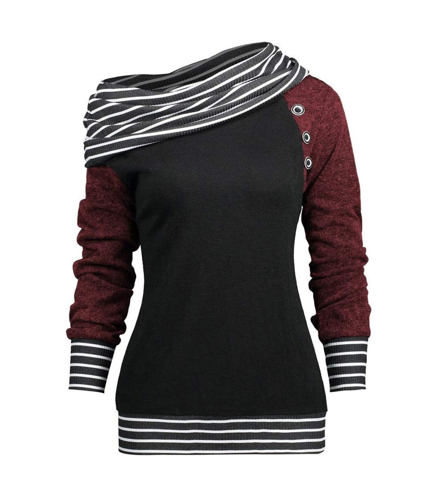 Bigfanshu Women's Hoodies Skew Neck Long Sleeve Stripe Pullover Buttons Harajuku Sweatshirt Female Autumn Jumper Casual Red