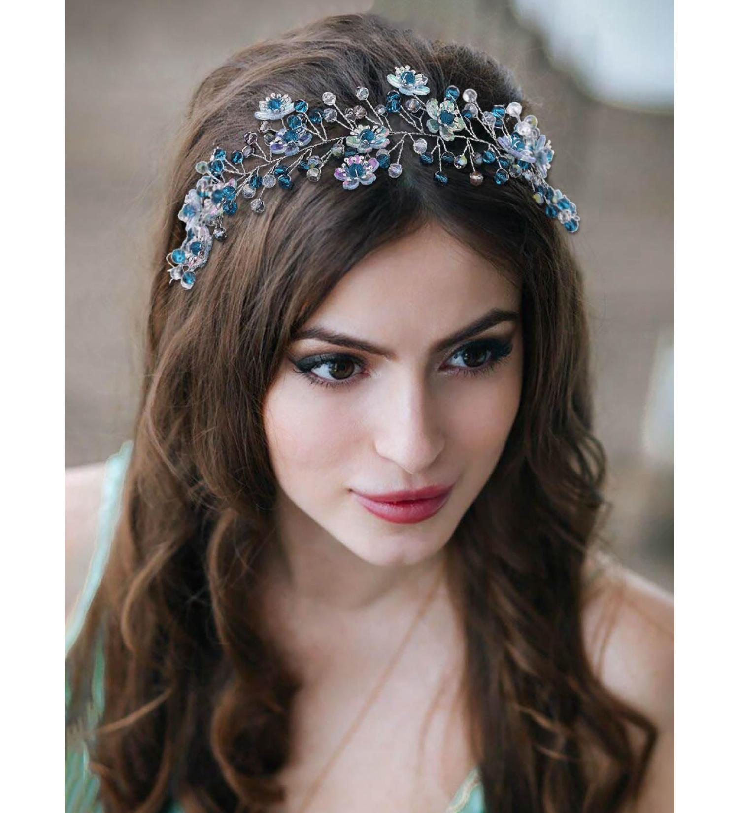 IYOU Bridal Wedding Hair Vine Blue Crystal Headband Flower Bride Bridesmaid Hair Accessories for Women - Buy Online on GoSupps.com