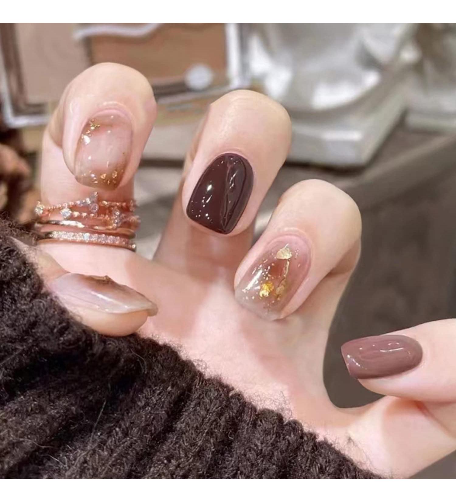 Gold & Brown Short Press On Nails - 24PCS Reusable Artificial Acrylic False Nails for Women - Buy Online on GoSupps.com