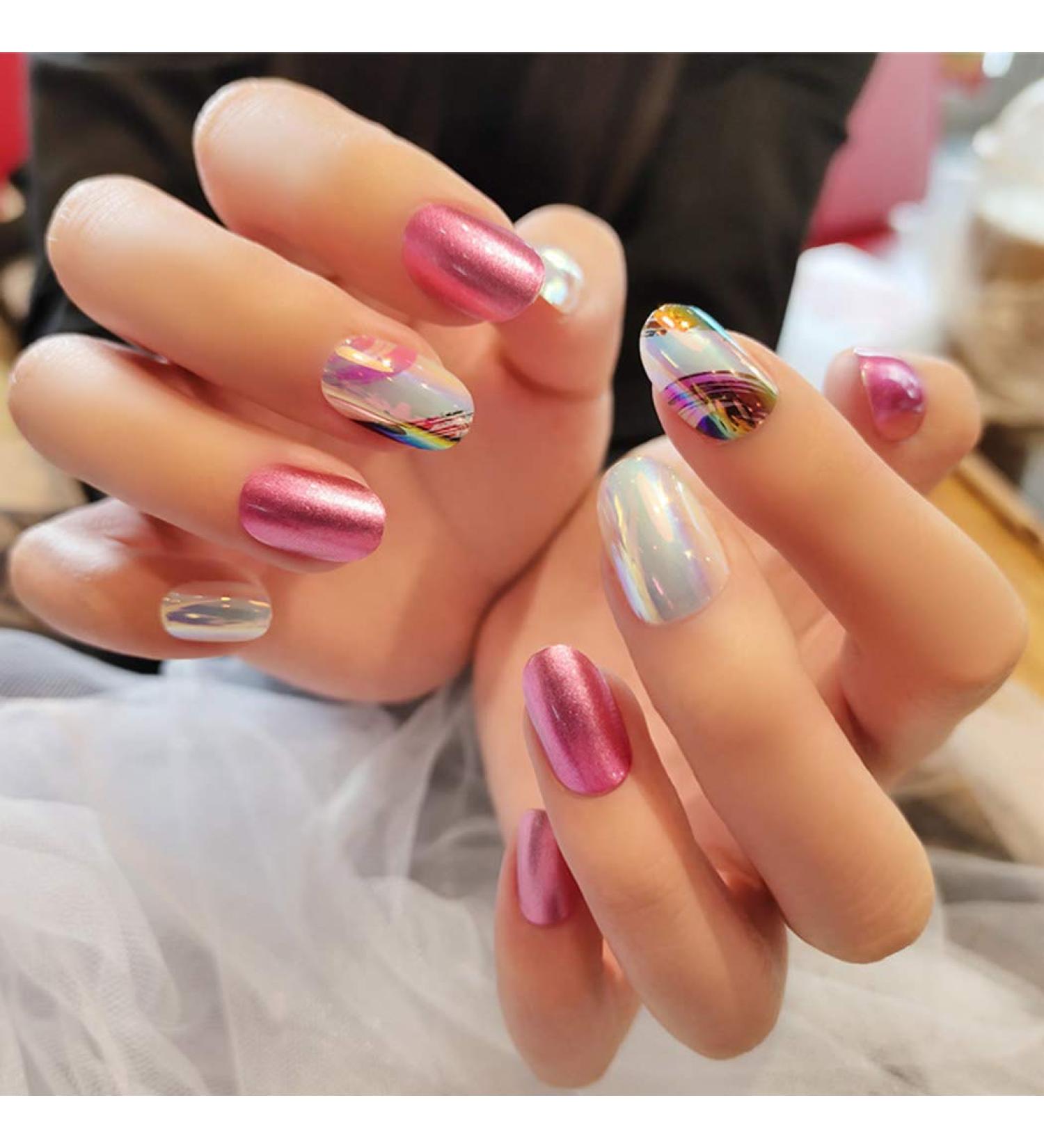 Sethexy Medium Oval Glossy Pink Sparkle False Fingernails - 24 PC Complete Cover Acrylic Nail Tips for Women & Girls | International Shipping - Buy Online on GoSupps.com