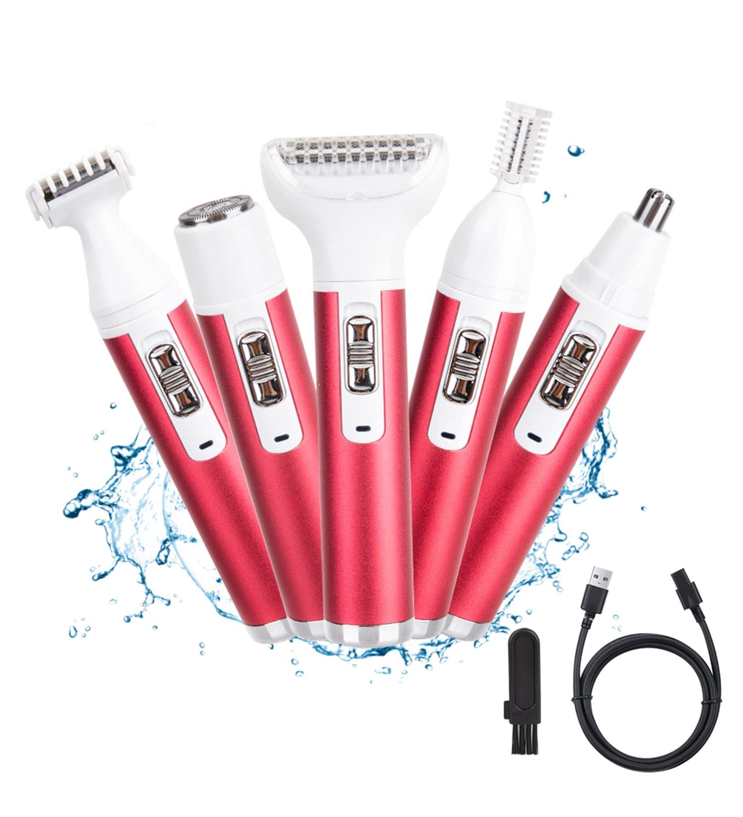 Nasjac 5 in 1 Electric Razor for Women - Bikini Trimmer, Eyebrows, Nose, Public Hair, Facial, Legs, Armpits - Painless Removal - Cordless Rechargeable - Red - Buy Online on GoSupps.com
