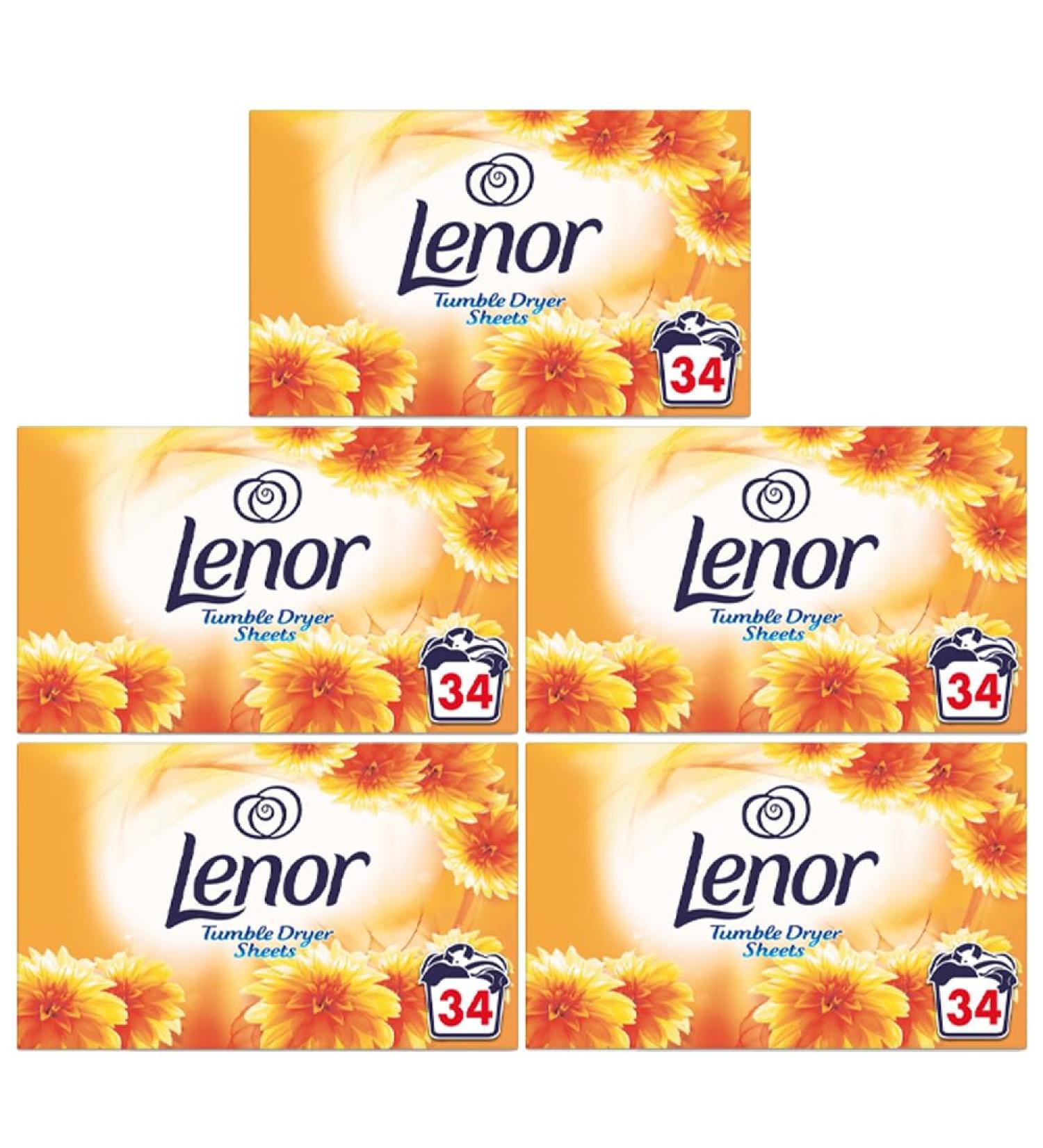Lenor 5 x 34 pack Tumble Dryer Sheets With Welari Thank You Card Fresh Laundry Fragrance Yellow Summer Clothes Washing Scent (170sheets) - Buy Online on GoSupps.com