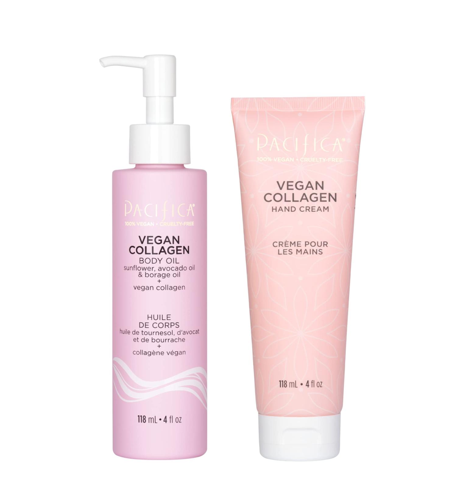 Pacifica Beauty Vegan Collagen Hand Cream and Body Oil with Pump Set Bath and Body Shea Butter Cocoa Butter Body Massage Oil For Dry Skin Skin Care Body Care 4 fl oz Each (Set of 2) Body Oil & Hand Cream Set 4 Fl Oz