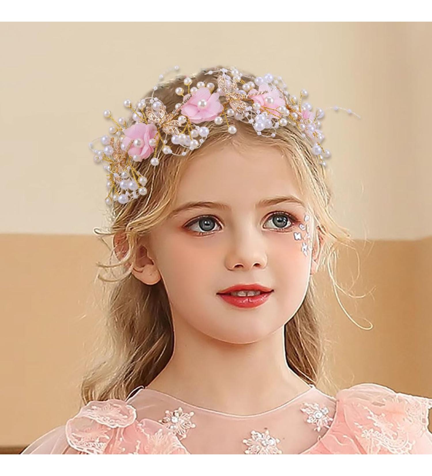IYOU Flower Communion Headpiece Pink Floral Princess Headbands Pearl Butterfly Birthday Wedding Hair Accessories for Girls - Buy Online on GoSupps.com
