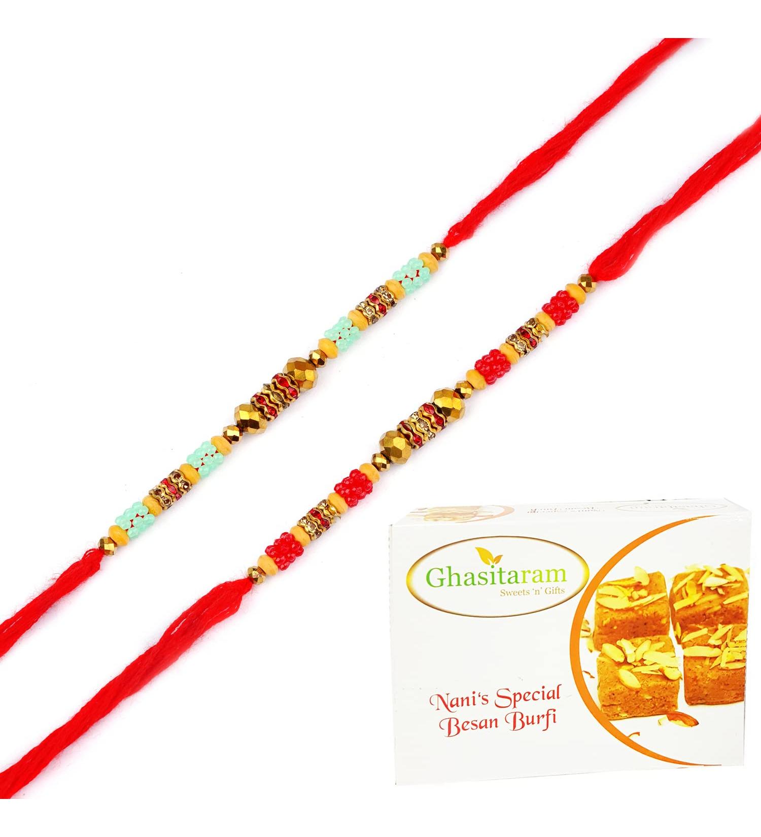 Ghasitaram Gifts Rakhi for Brother Rakhis Online - Set of 2-6507 Rakhis with 200 GMS of Besan Barfi Rakhi Set with 200 gms of Besan Barfi - Buy Online on GoSupps.com