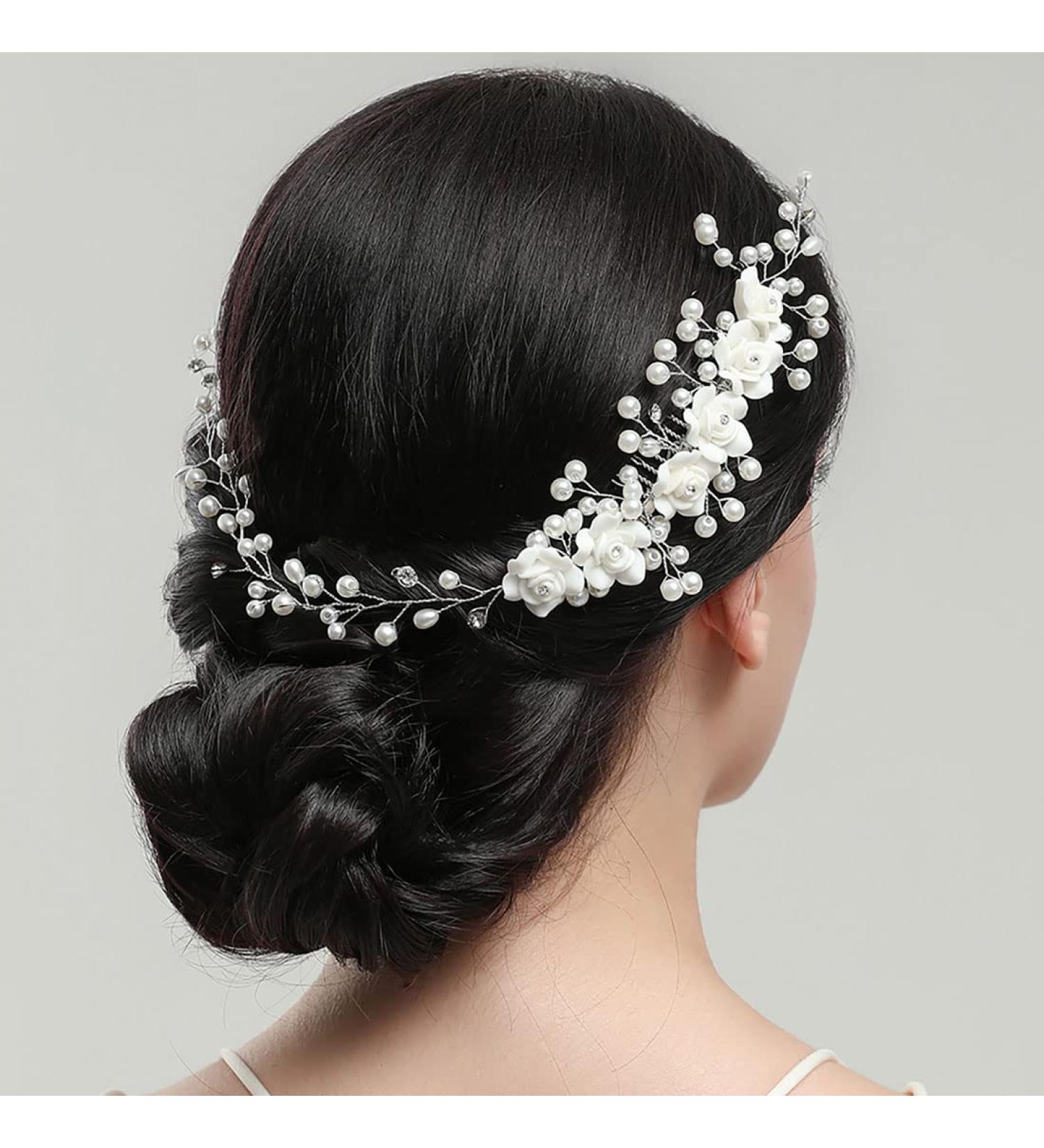 JUSTUSNX Bride Wedding Hair Pieces Pearl Hair Vines Silver Crystal Headpiece Flower Headband for Women and Girls Hair Styling Accessories - Buy Online on GoSupps.com