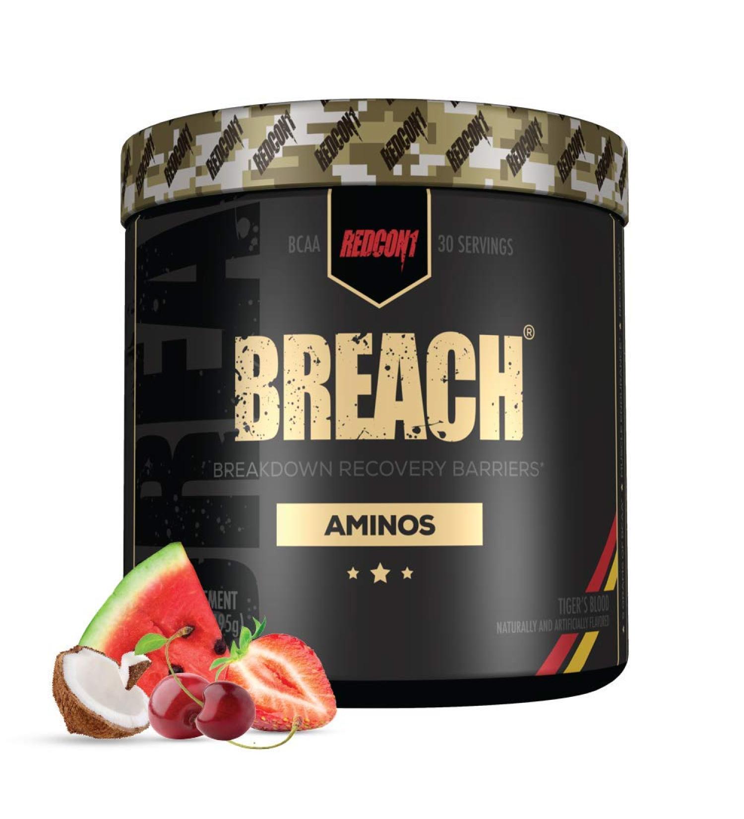Redcon1 - Breach BCAAs (30 Servings) - Amino Acids, 2:1:1 BCAA Ratio, Increase Recovery, Caffeine Free, Strength and Endurance Support (Tigers Blood) Tigers Blood 30 Servings (Pack of 1)