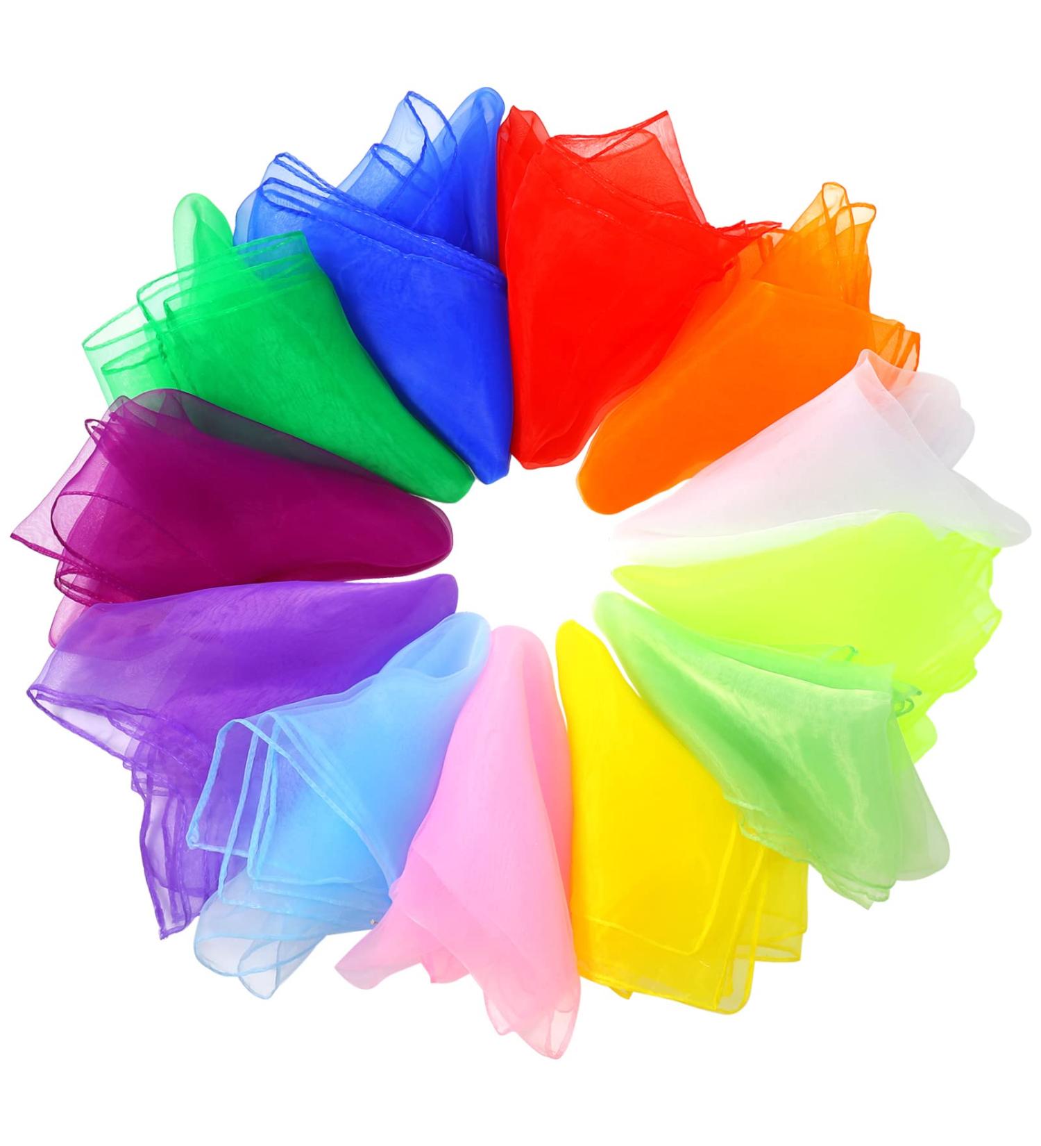 Fanshionide 12 Pieces Colorful Dance Chiffon Scarves - 60x60cm Juggling Towels for Kids & Adult Performances | Perfect for Kindergarten Shows & Sensory Play - Buy Online on GoSupps.com