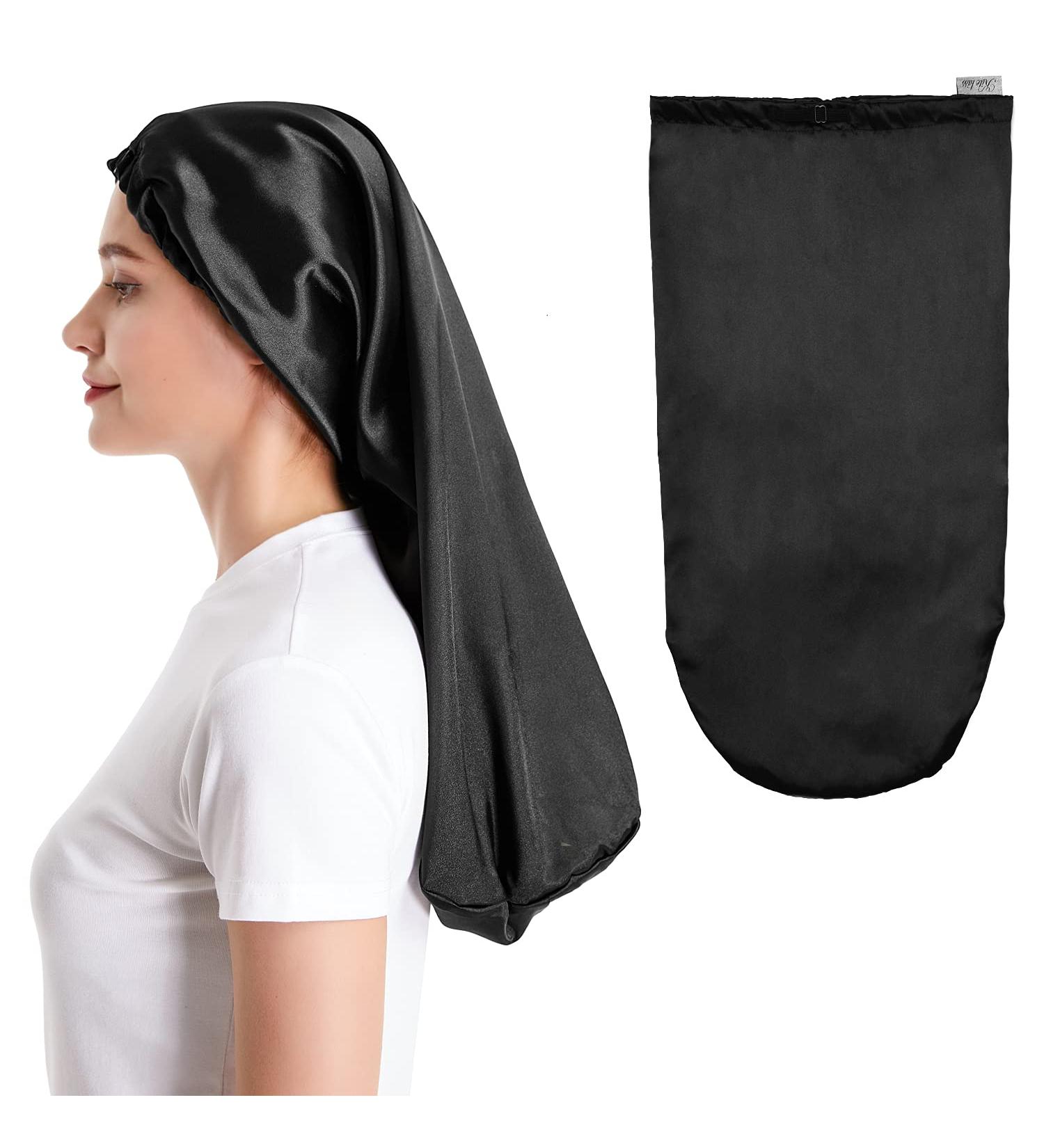 Kite Kiss Long Silk Bonnet Sleep Cap | Satin Hair Bonnet | Adjustable Black Hair Cap - Buy Online on GoSupps.com