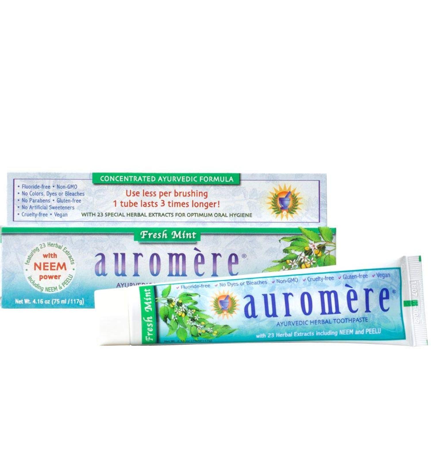 Auromere Fresh Mint Herbal Toothpaste - Vegan, Natural, Non-GMO, Fluoride and Gluten Free with Neem & Peelu - 4.16 oz - Buy Online on GoSupps.com