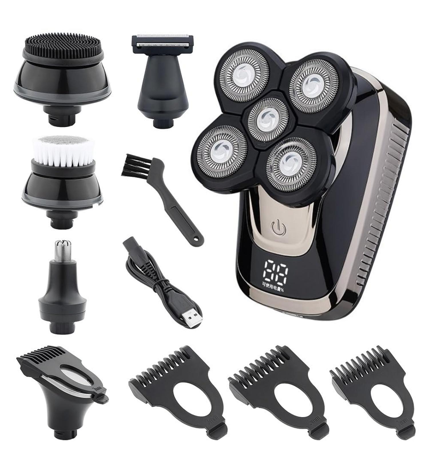 5-in-1 Head Shaver for Bald Men - Electric Razor with LED Display Nose Hair Trimmer Beard Clippers & Facial Cleansing Brush | USB Rechargeable - Buy Online on GoSupps.com