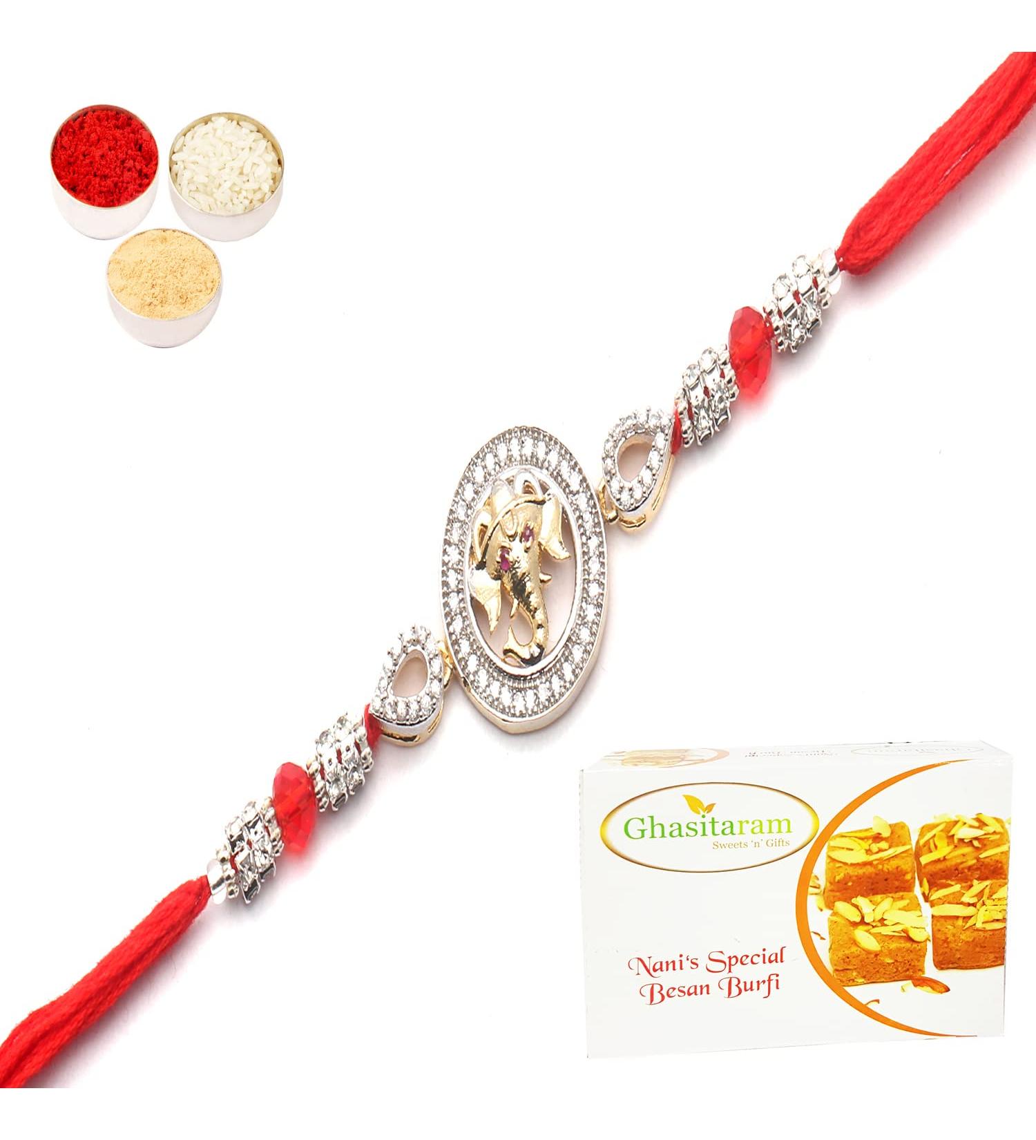 Ghasitaram Gifts Rakhi for Brother Rakhis Online - The Diamond Enchantess of Ganesha Blessings Rakhi with 200 GMS of Besan Barfi - Buy Online on GoSupps.com