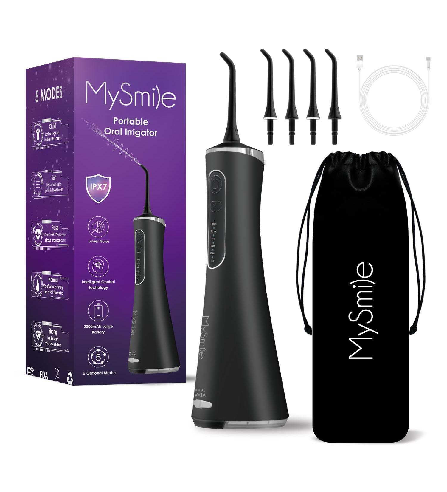 MySmile Water Dental Flosser - Cordless Oral Irrigator with 5 Cleaning Modes | 4 Replaceable Jet Tips | USB Rechargeable | IPX7 Waterproof - Teeth Cleaning Tool with PU Bag - Buy Online on GoSupps.com