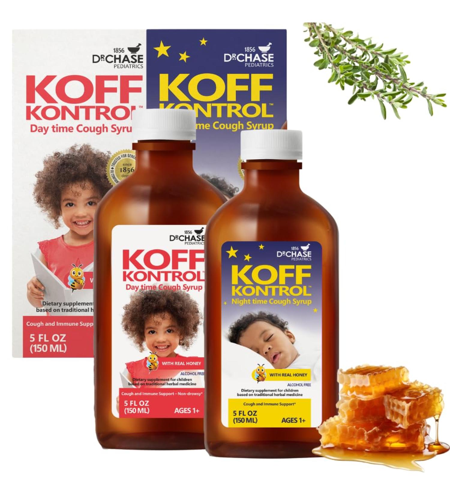 Dr. Chase Koff Kontrol Day + Night-Time Combo Kids Cough Syrup, Natural Toddler Cough Syrup, Made with Herbal Ingredients - Ages 1+, 2 x 5.07 OZ Day and Night Time Combo 2 Pack - Buy Online on GoSupps.com