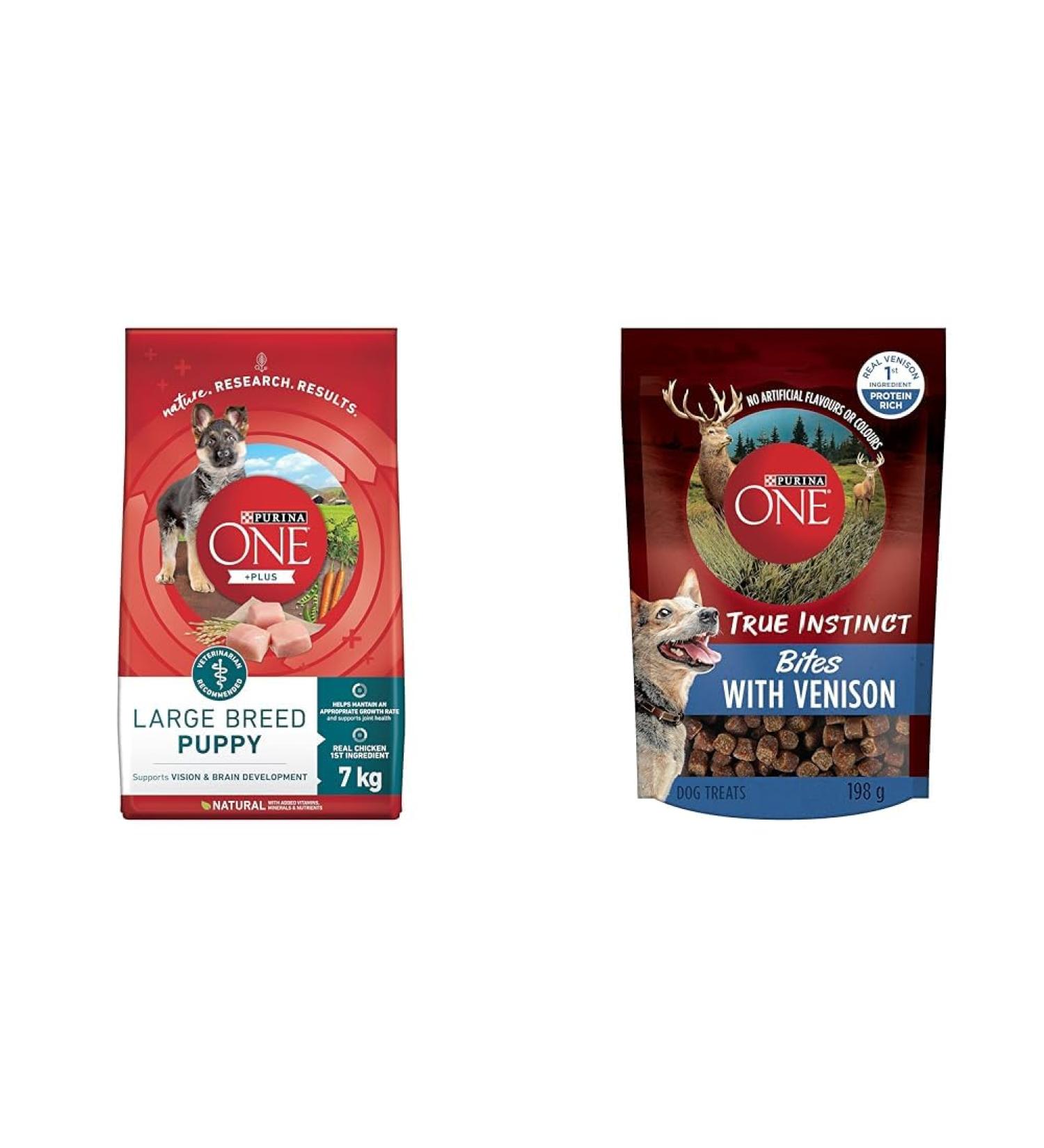 Purina ONE Smartblend Large Breed Puppy Food Dry Dog Food 14 kg Bag & True Instinct Bites with Venison Natural Dog Treats - 198 g Dry Dog Food+ Dog Treats - Buy Online on GoSupps.com