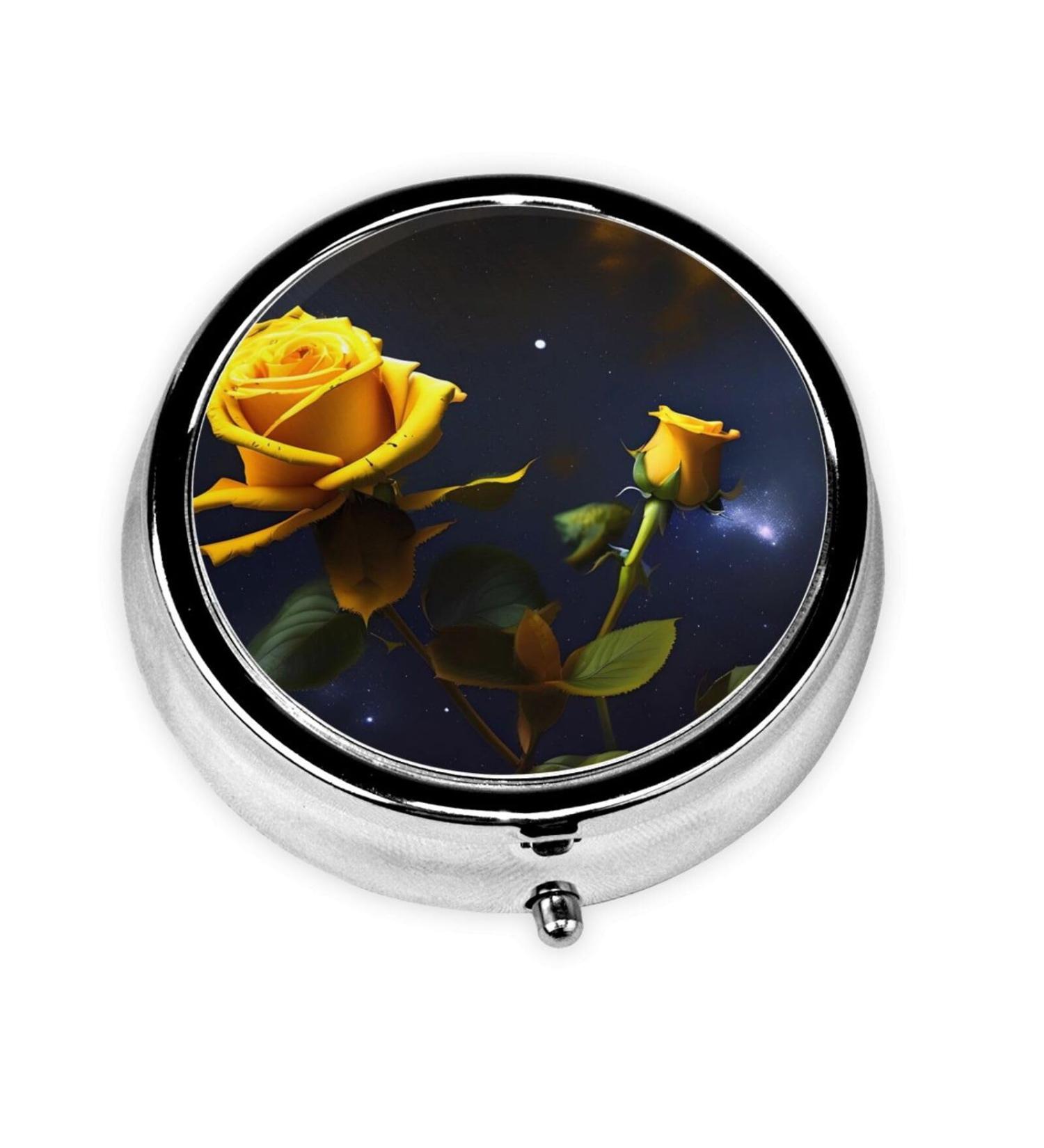 Yellow Roses Starry Night Round Pill Box | 3 Compartment Travel Pill Organizer - Perfect for International Shipping - Buy Online on GoSupps.com
