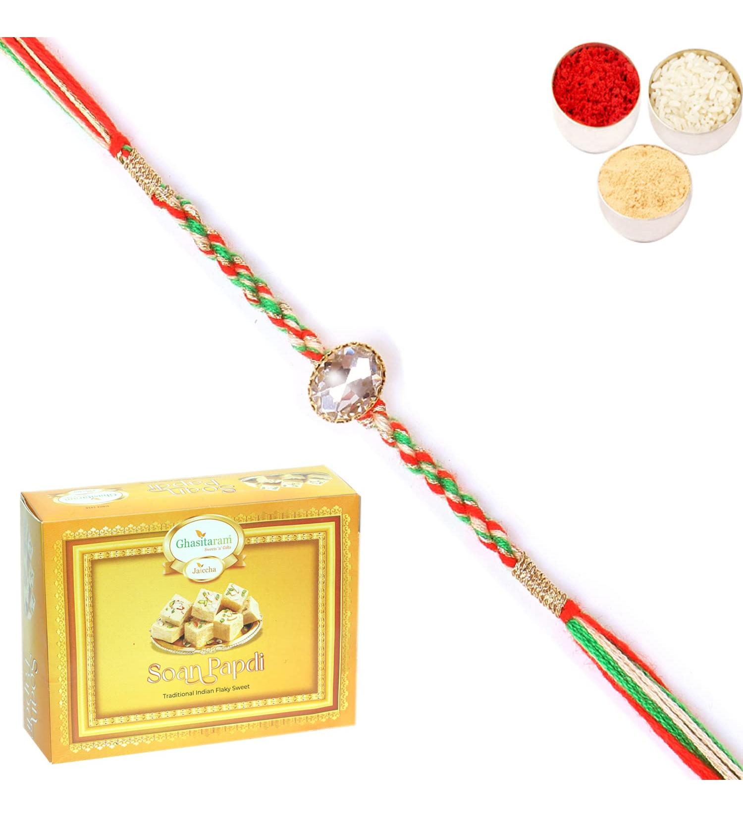 Ghasitaram Gifts Rakhi for Brother Rakhis Online - 6377 Fancy Thread Rakhi with 400 GMS of Soan Papdi - Buy Online on GoSupps.com