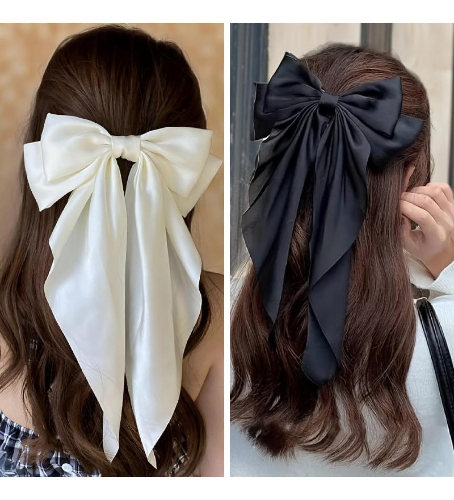 ChicTresses Black And Off White - Hair Bows For Women Bow Clips For Women - Barette Hair Clip - Luxury Silky Satin Hair Bow Clips for Women and Girls Cute Hair Accessories For Girls Black&OffWhite - Buy Online on GoSupps.com