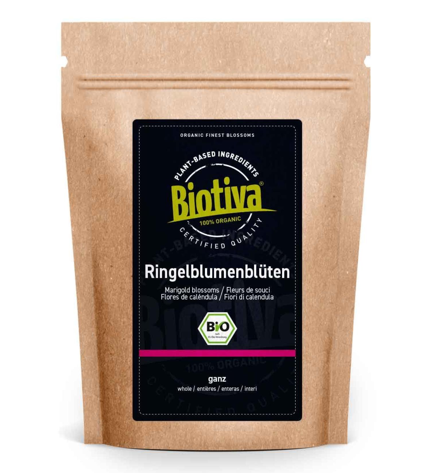 Biotiva Calendula Blossom Tea Organic 100 g - Calendula officinalis - Without additives - Vegan - Tested and Certified in Germany - Buy Online on GoSupps.com