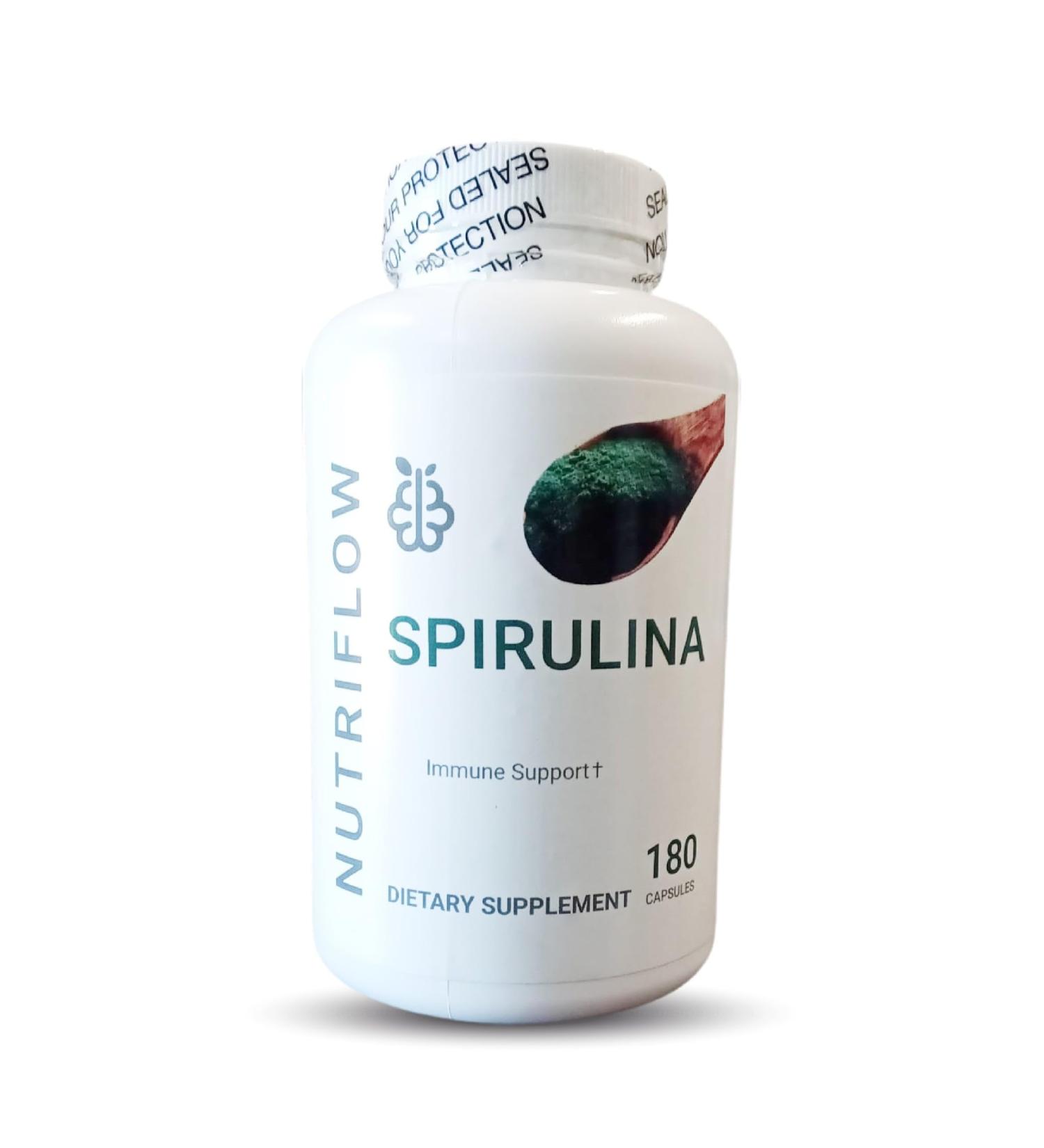 Natural Spirulina Capsules Super Green Powder Supplement | Spirulina Powder Nutri Flow Superfood 500mg | Non-GMO Vegan Vegetable Rich in Vegan Protein 180 Capsules - Buy Online on GoSupps.com