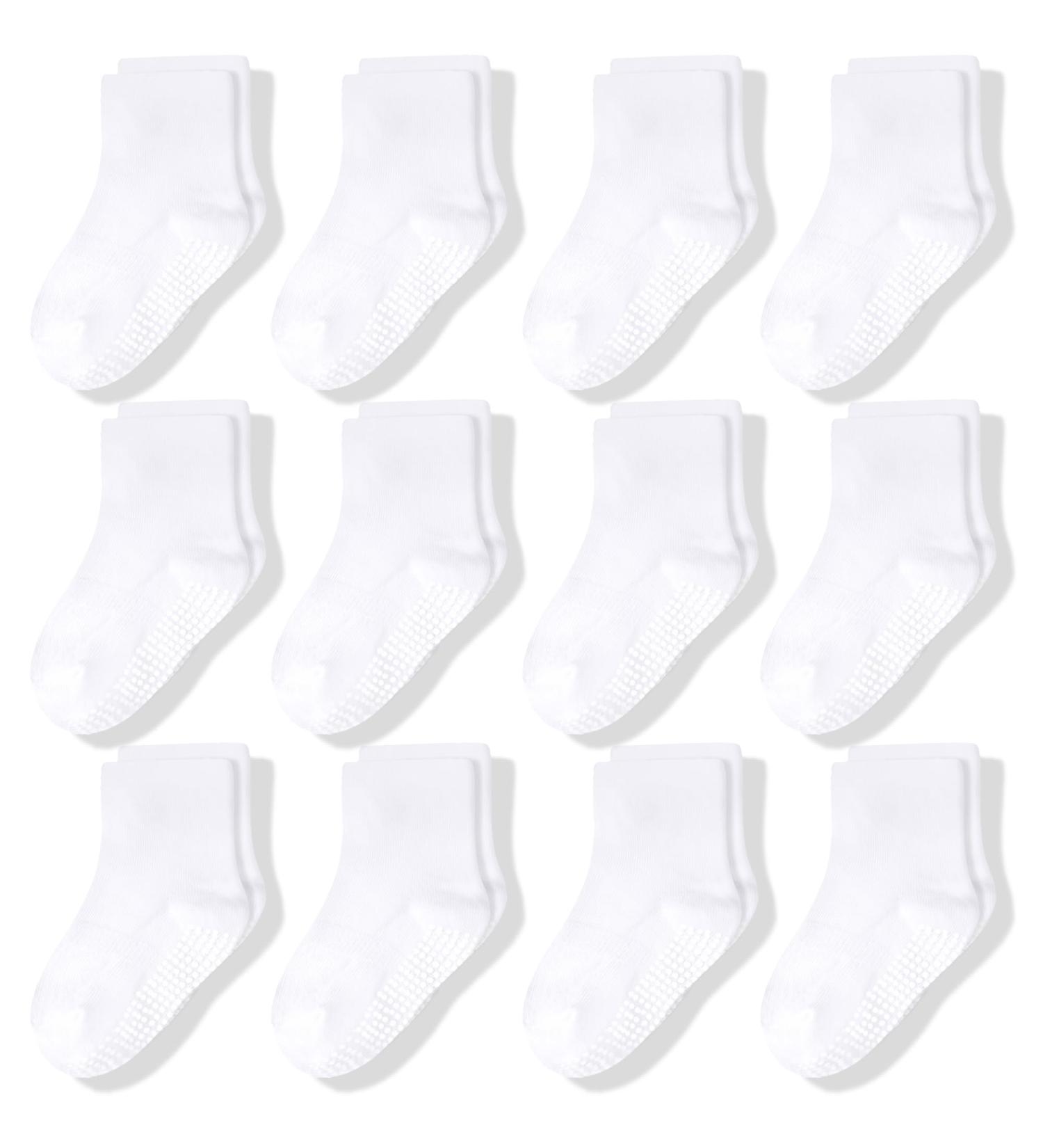 CozyWay Kids Non Slip Cotton Crew Socks - 12 Pairs, White, Size 3-5 Years, Anti-Skid Grips, Striped Design - for Toddler Boys & Girls - Buy Online on GoSupps.com