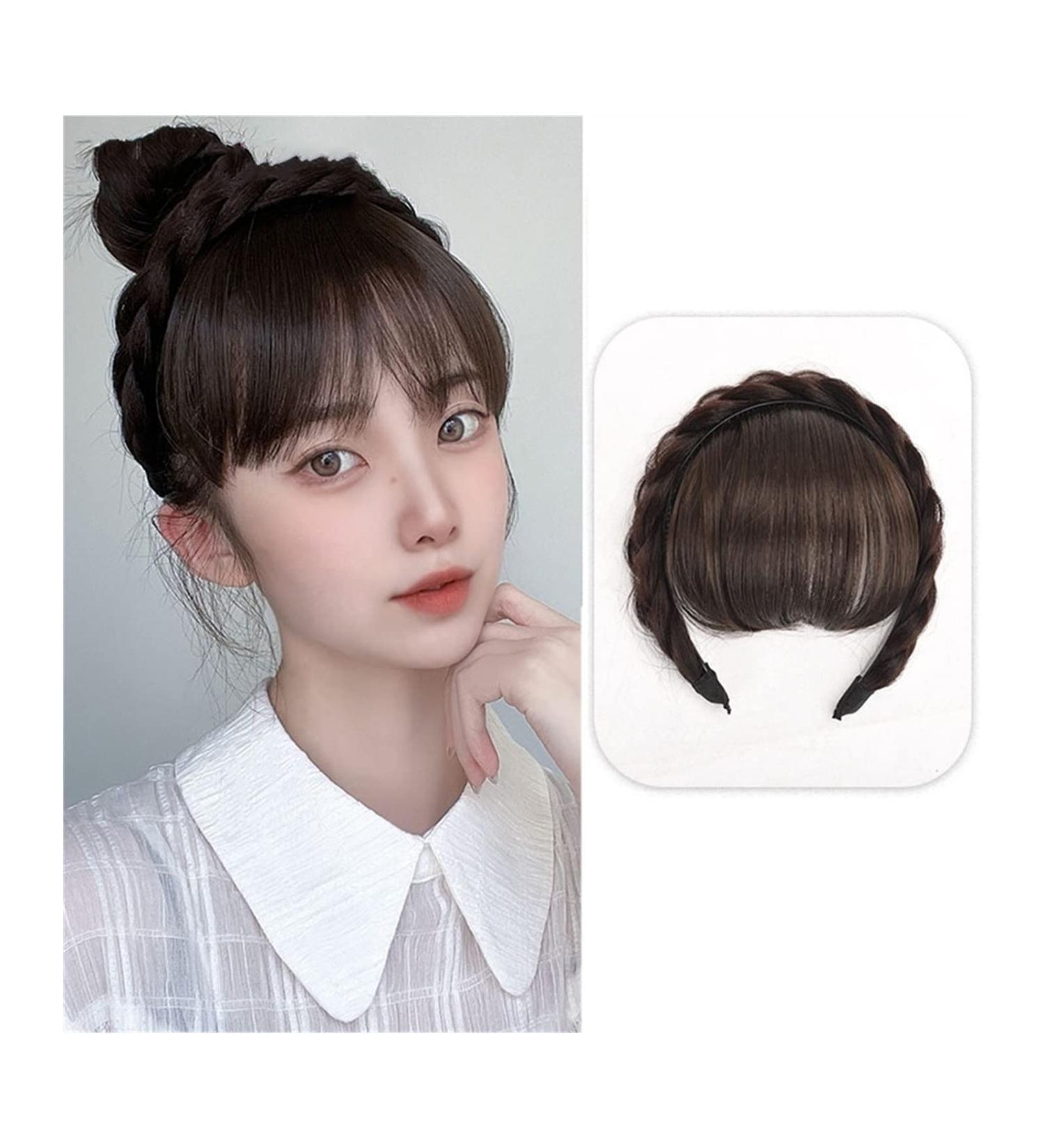 Bangs Hair Clip Front Hair Bangs Wig Fringe Hair Extensions Synthetic Fake Neat Bangs Wigs with Double Row Braids Headband Hair Accessories for Women Girls Bangs Clip in Hair (Color : Brown black) - Buy Online on GoSupps.com