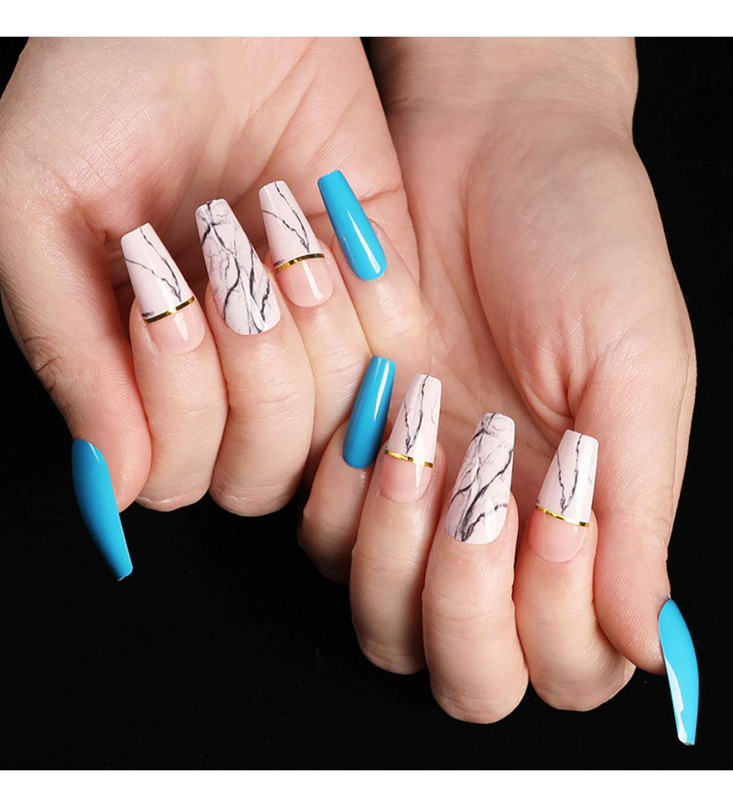 Sethexy Long Blue Ballerina False Nails - 24 Glossy Acrylic Art Tips for Women & Girls - Buy Online on GoSupps.com