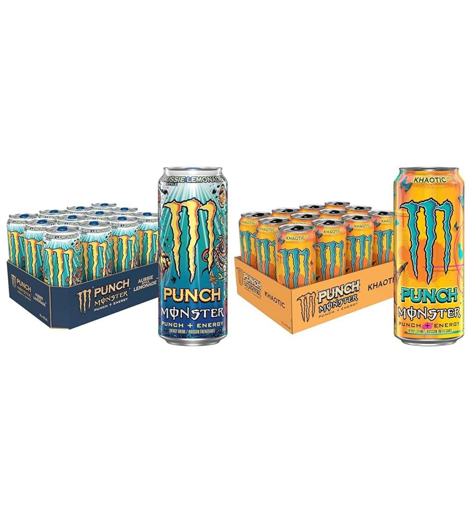 Monster Energy Punch Aussie Style Lemonade 473mL Cans Pack of 12 & Punch Khaotic 473mL Cans Pack of 12 - Buy Online on GoSupps.com