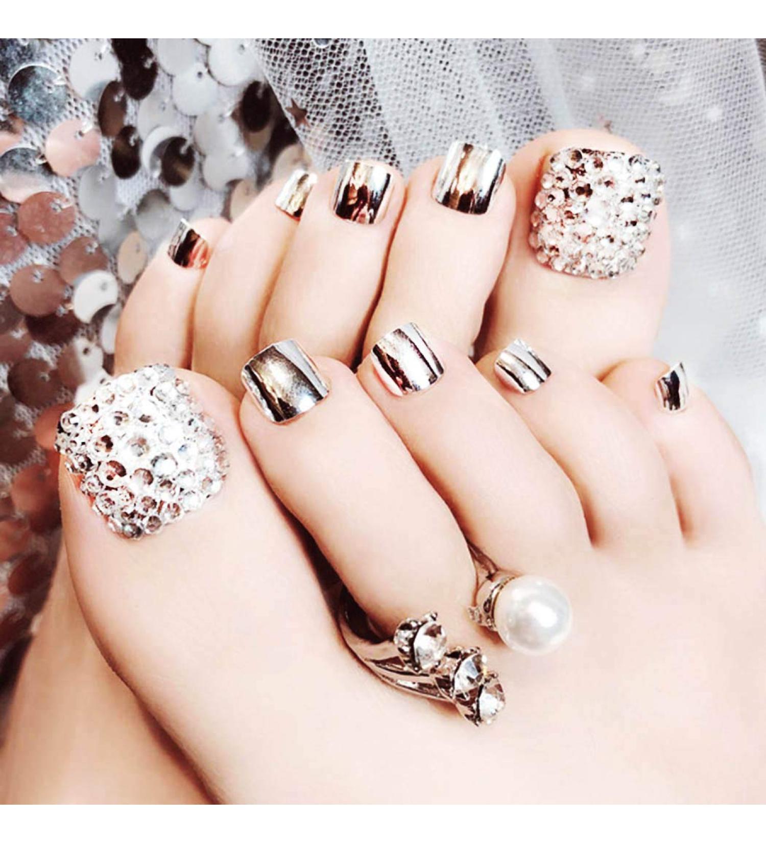 Fairvir 24pcs Silver Mirror Acrylic False Toenails - Full Cover Sequins for Women & Girls | International Shipping - Buy Online on GoSupps.com