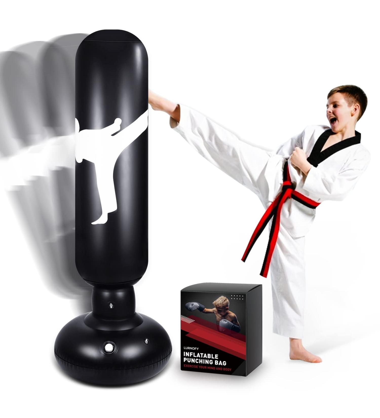 Inflatable Kids Punching Bag 160cm - Freestanding Boxing Equipment with Air Pump for Karate & Martial Arts Practice - Relieve Energy - Black Large - Buy Online on GoSupps.com