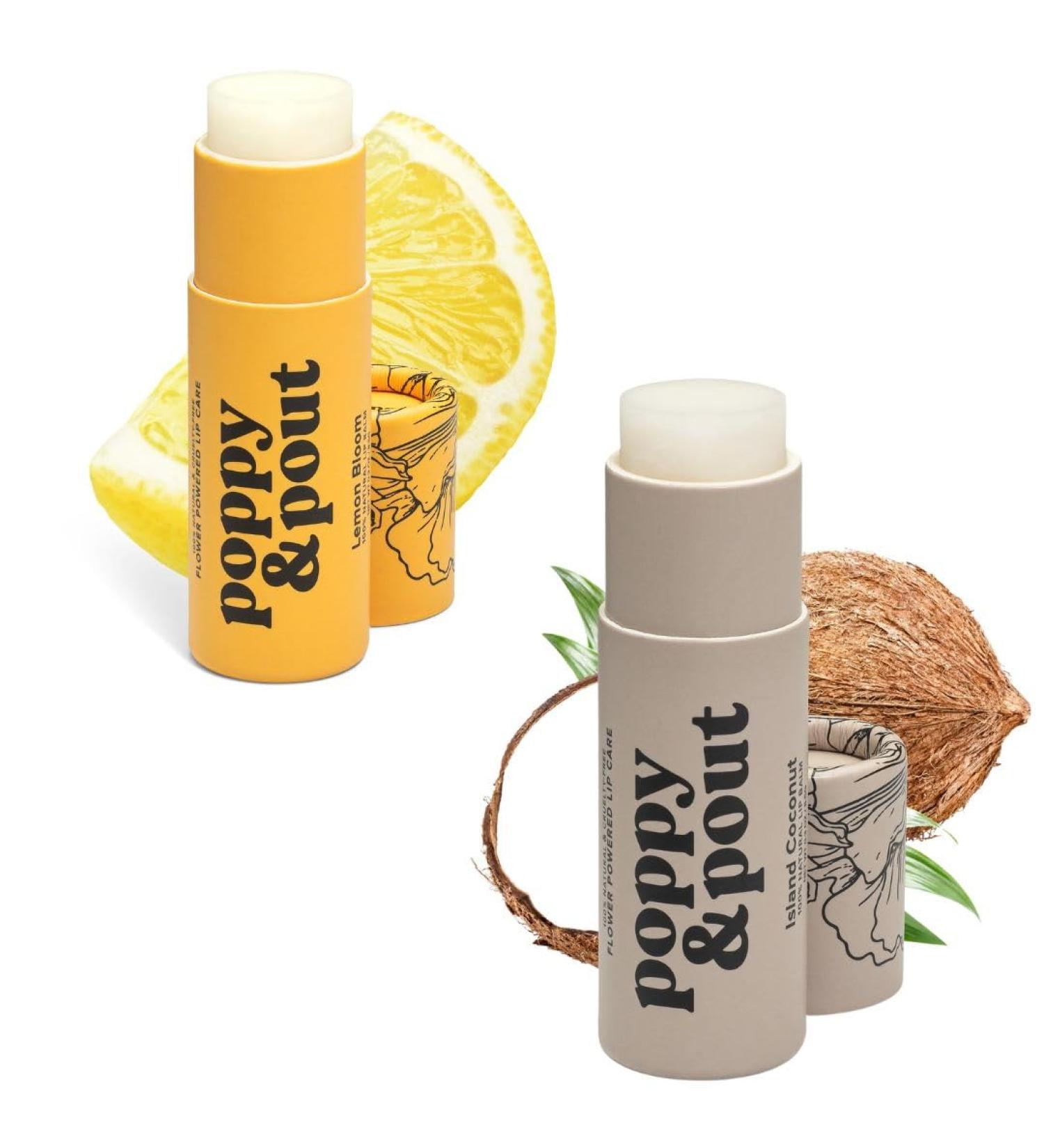 Poppy & Pout Jumbo Lip Balm 2 Pack All Natural Lip Balms & Moisturizers Hydrates with Beeswax Vitamin E Organic Coconut Island Coconut & Lemon Bloom - Buy Online on GoSupps.com