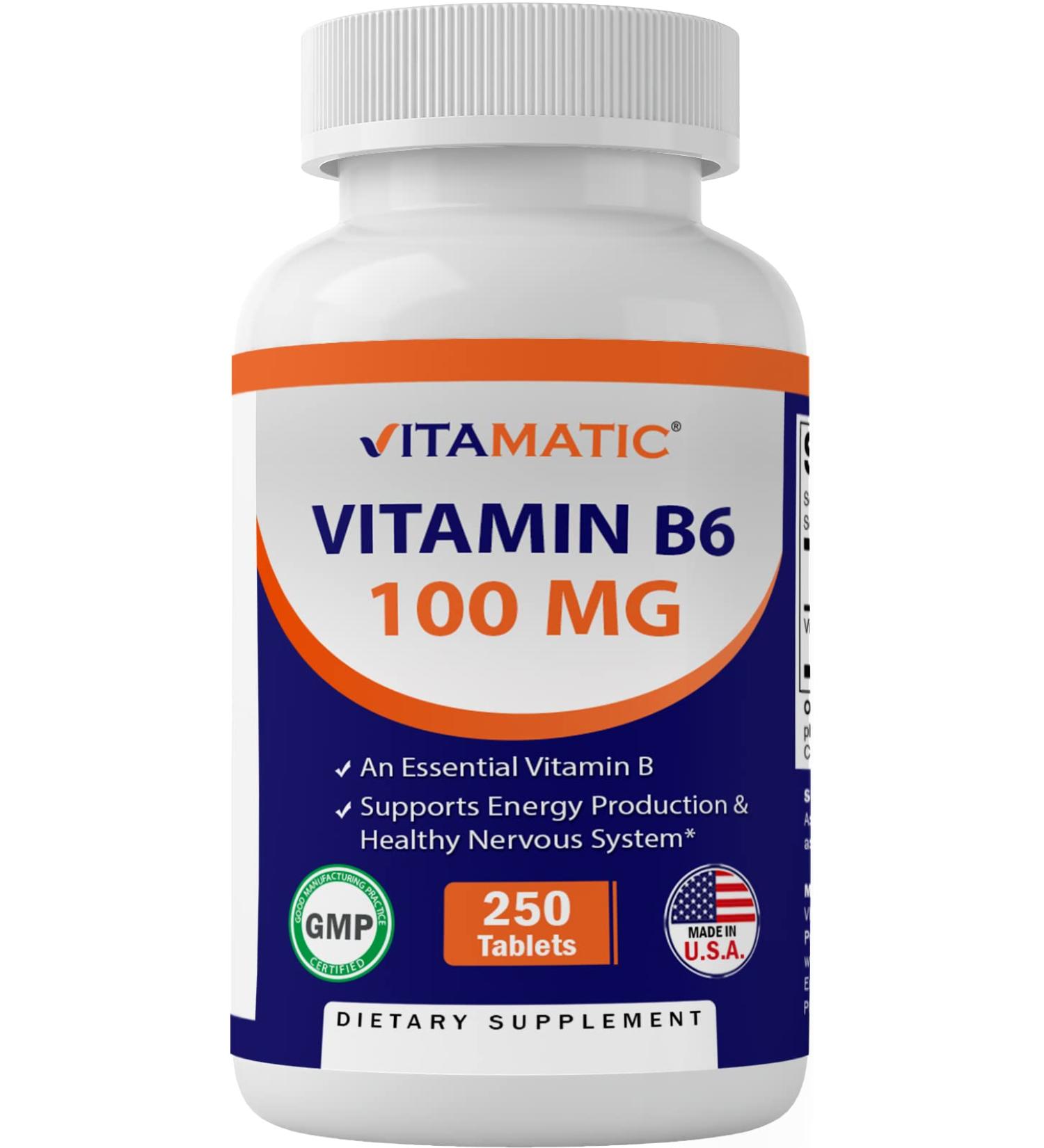Vitamatic Vitamin B6 100mg - 250 Vegetarian Tablets | Energy & Metabolism Boost, Immune Health Support - Buy Online on GoSupps.com