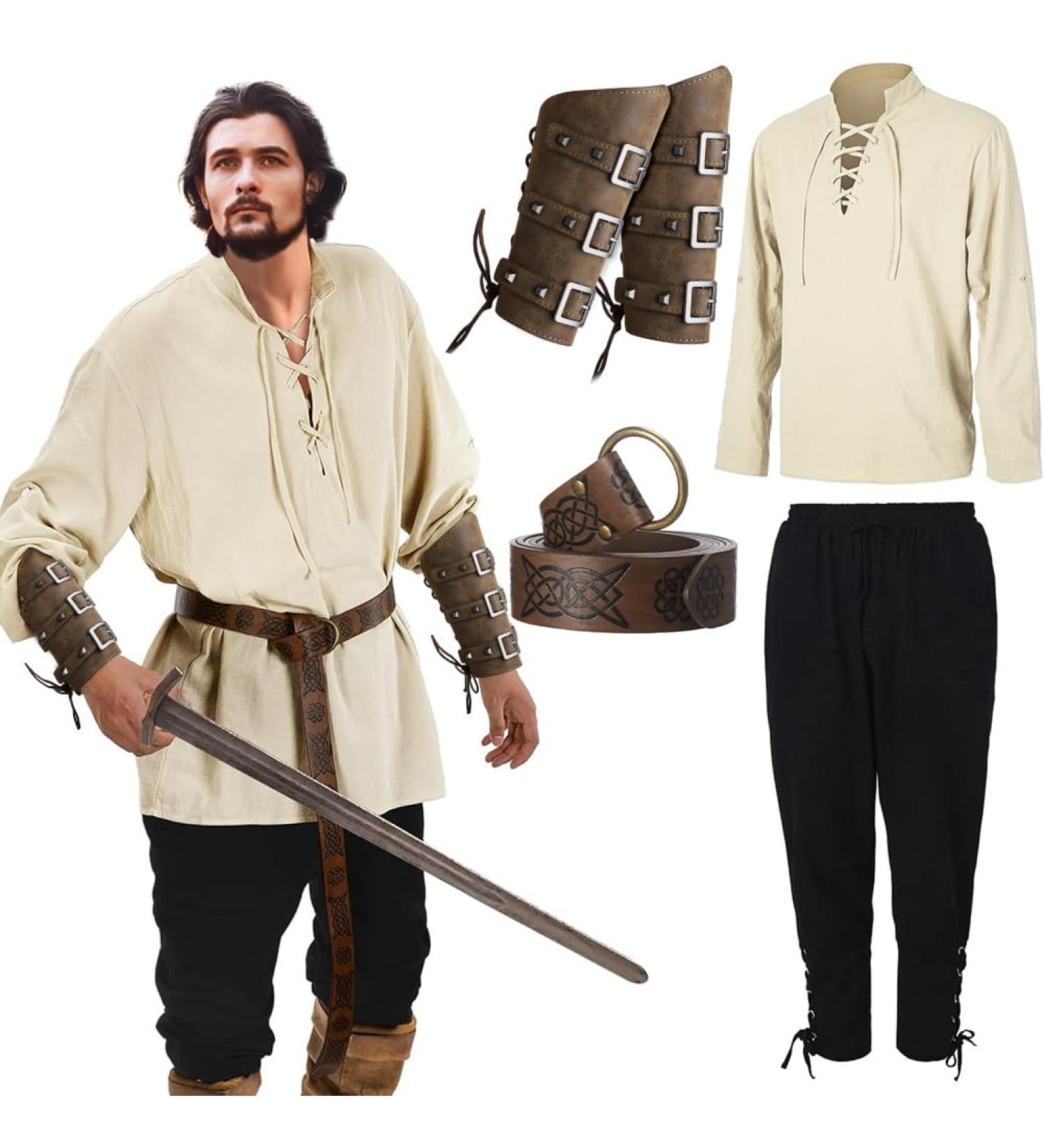 Occin Men's Medieval Clothing Set - 5 Piece Renaissance Costume with Shirt Pants Belt & Accessories - Viking Style Lace-Up Design - Buy Online on GoSupps.com