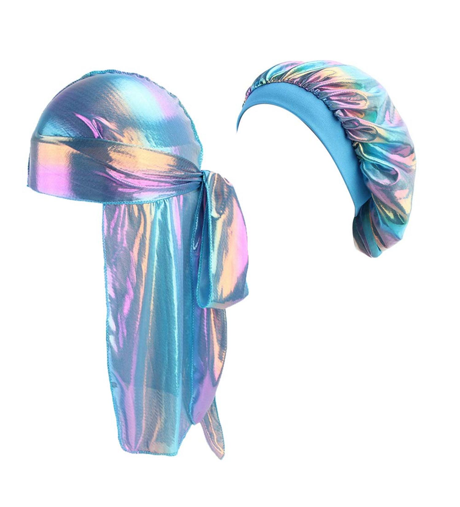 2pcs/Set Long Tail Silky Durags and Bonnets for Men Women 360 Wave - Blue - Buy Online on GoSupps.com