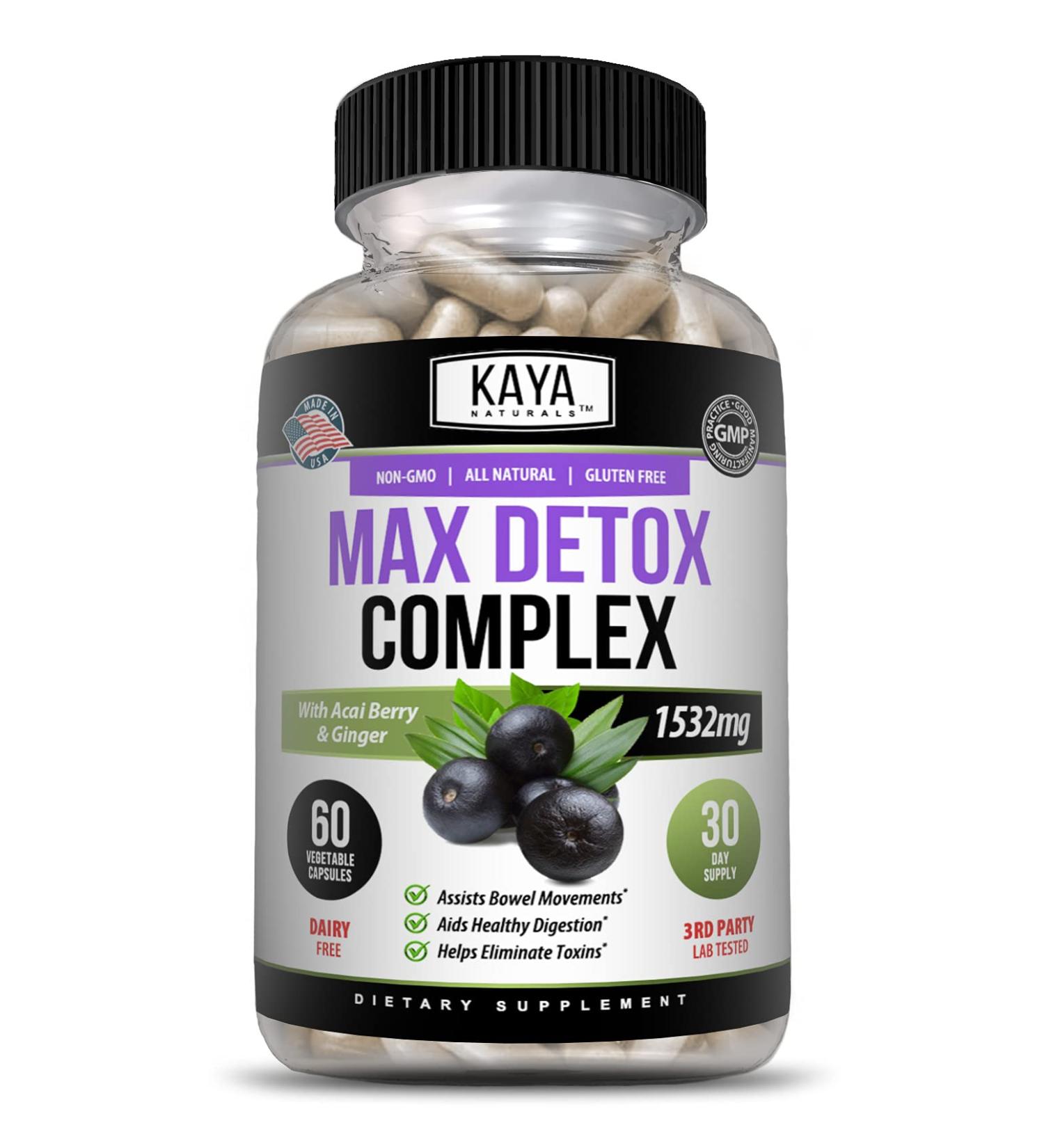 Kaya Naturals Max Detox 60 Capsules - 100% Natural Body Cleanse Supplement with Pure Herbal Ingredients to Remove Toxins & Boost Metabolism - Vegan & Non-GMO - Buy Online on GoSupps.com