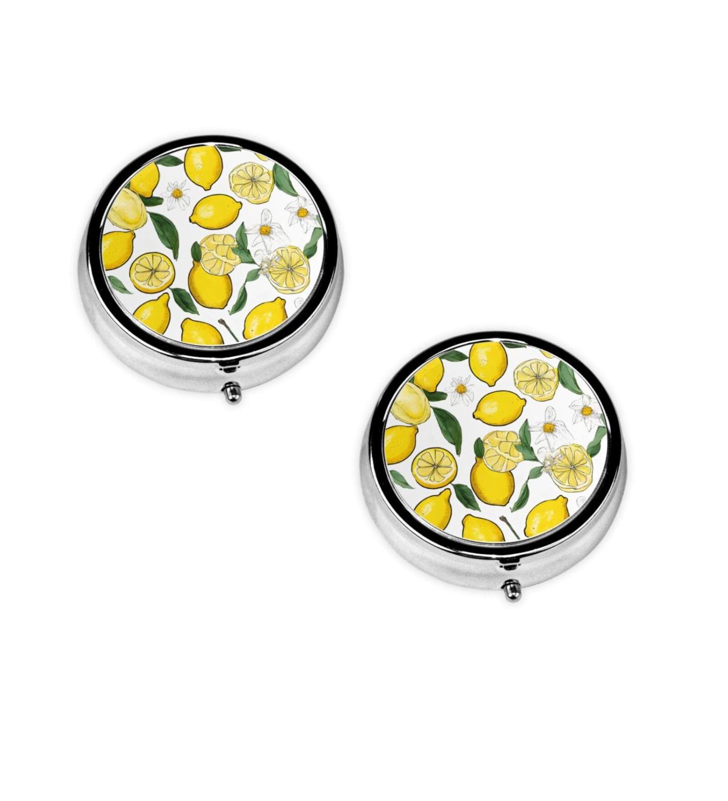 Yellow Lemons Mini Round Pill Box - 3 Compartment Travel Pill Organizer | Portable Medicine Case for Home & Office - Buy Online on GoSupps.com