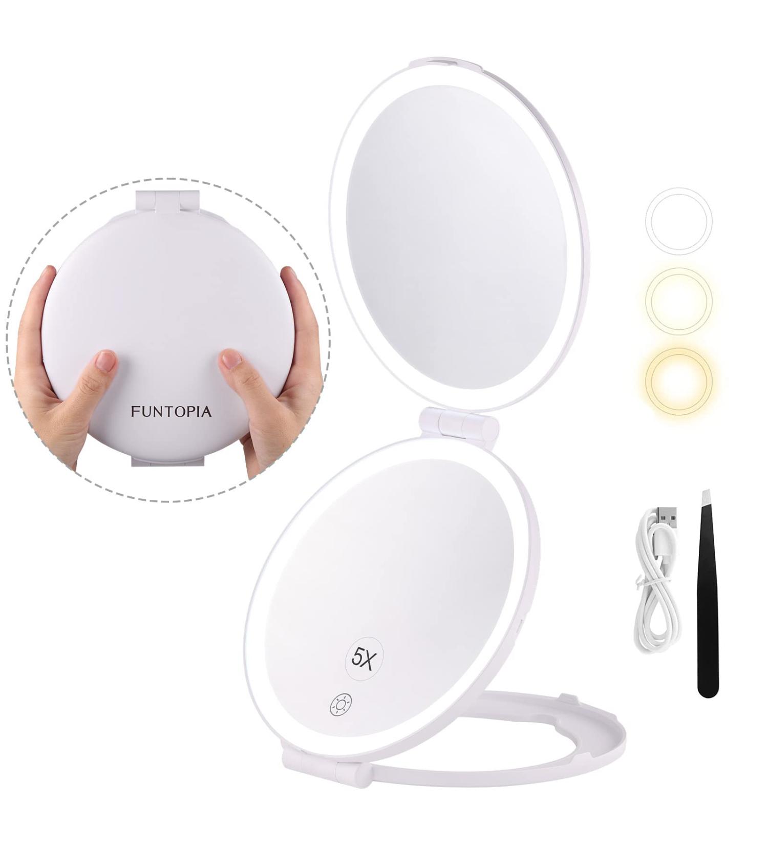 Funtopia Rechargeable Travel Mirror with Light - 6.3x Magnifying 5X/1X Magnification, LED Portable Compact Cosmetic Mirror - 3 Colors Light - Buy Online on GoSupps.com