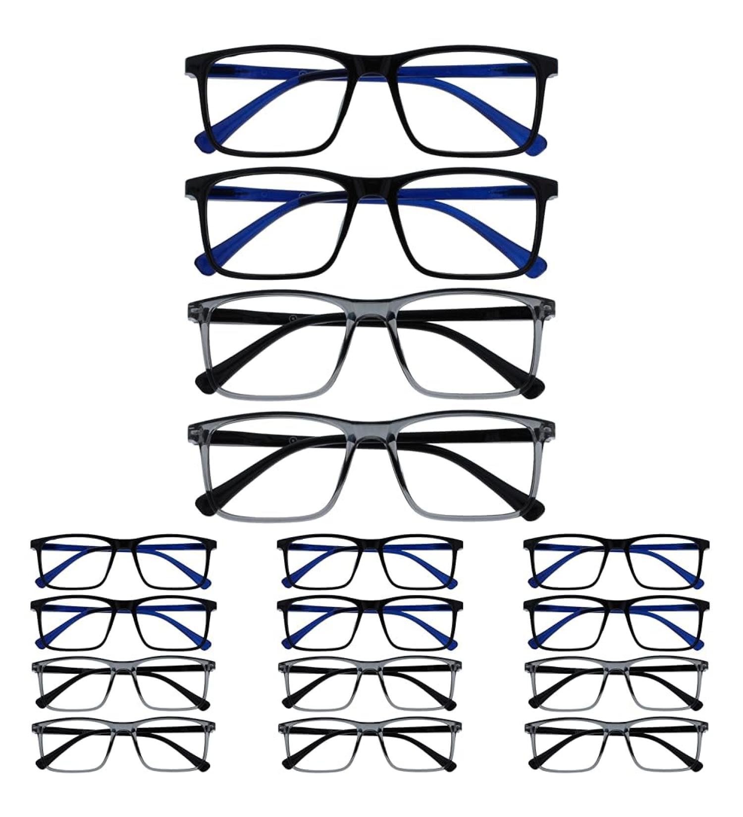 Opulize Ink 16 Pack Reading Glasses Large Black Grey Mens Womens Spring Hinges RRRR4-1177 +2.50 +2.50 Magnification (Pack of 16) Black Front Blue Arms / Grey Front Black Arms