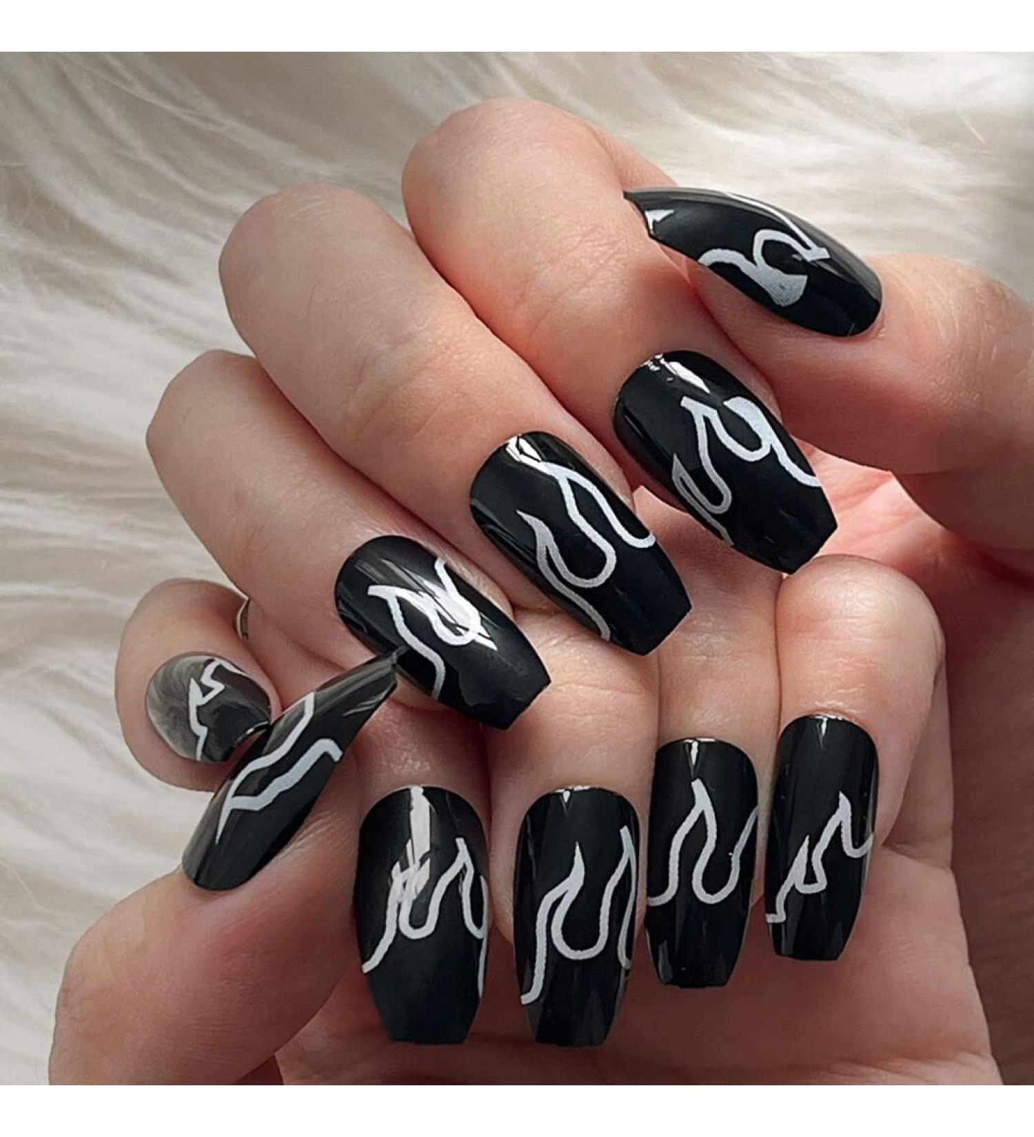 Sethexy Flame False Nails - Medium Ballerina Black Press-On Acrylic Nails (24 pcs) for Women & Girls - Buy Online on GoSupps.com