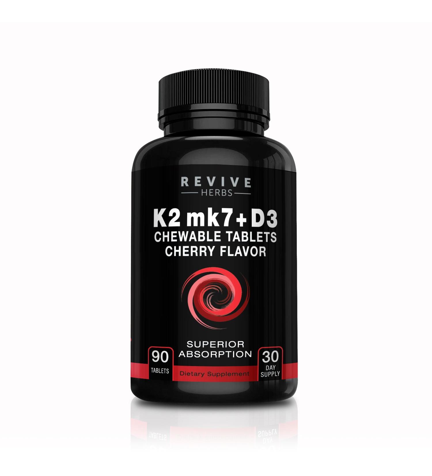 Revive Herbs Vitamin K2 D3 Cherry Flavored Chewable Tablets - Supports Bone & Cardiovascular Health - K2 mk7 225 mcg D3 6000 IU - Buy Online on GoSupps.com