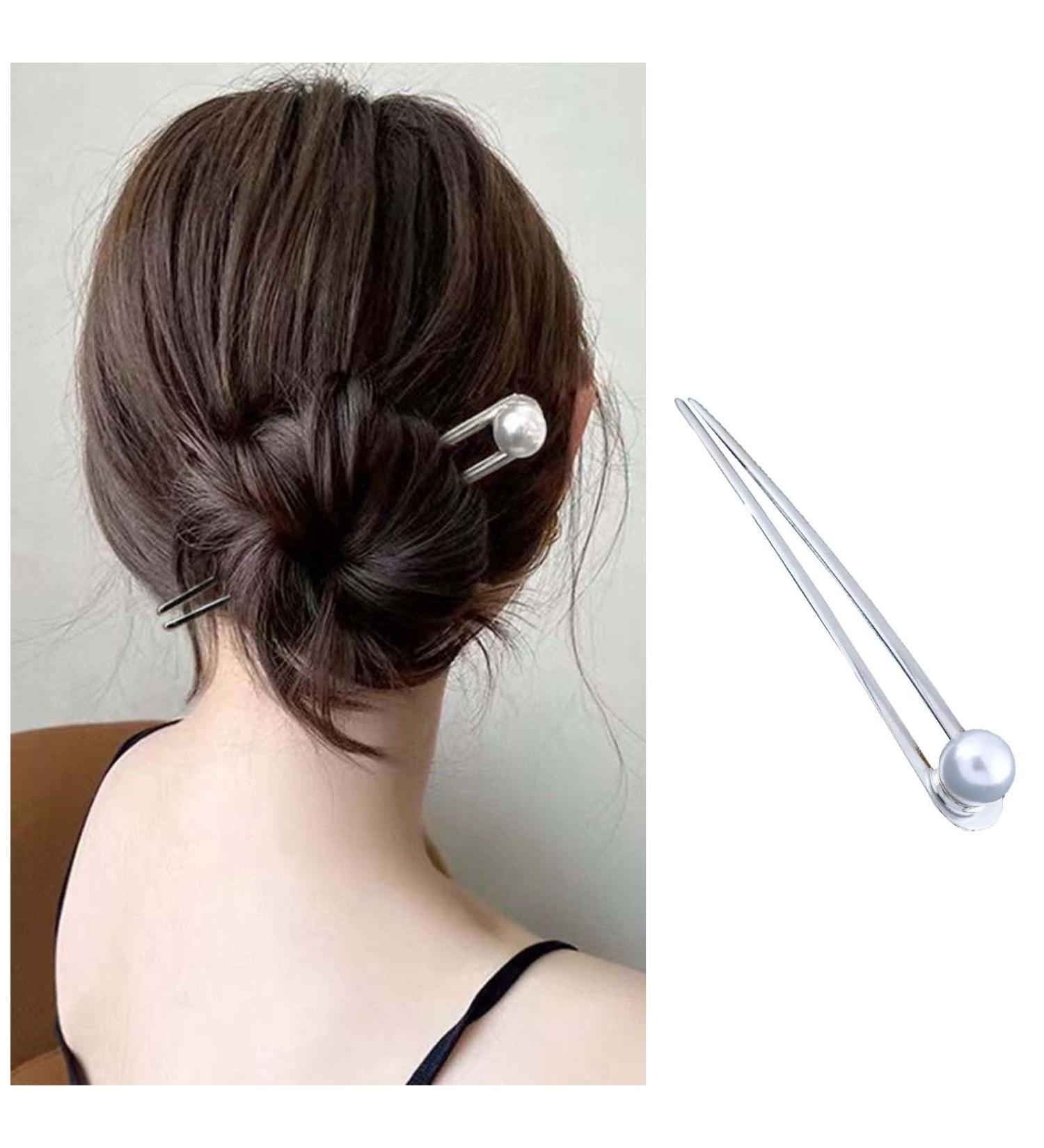 Dervivea French Pearl Hair Pins Silver U-Shape Hair Stick Hair Pin White Pearl Hair Fork Pins Minimalist Metal Updo Sticks Bun Decorative Hair Accessories for Women - Buy Online on GoSupps.com