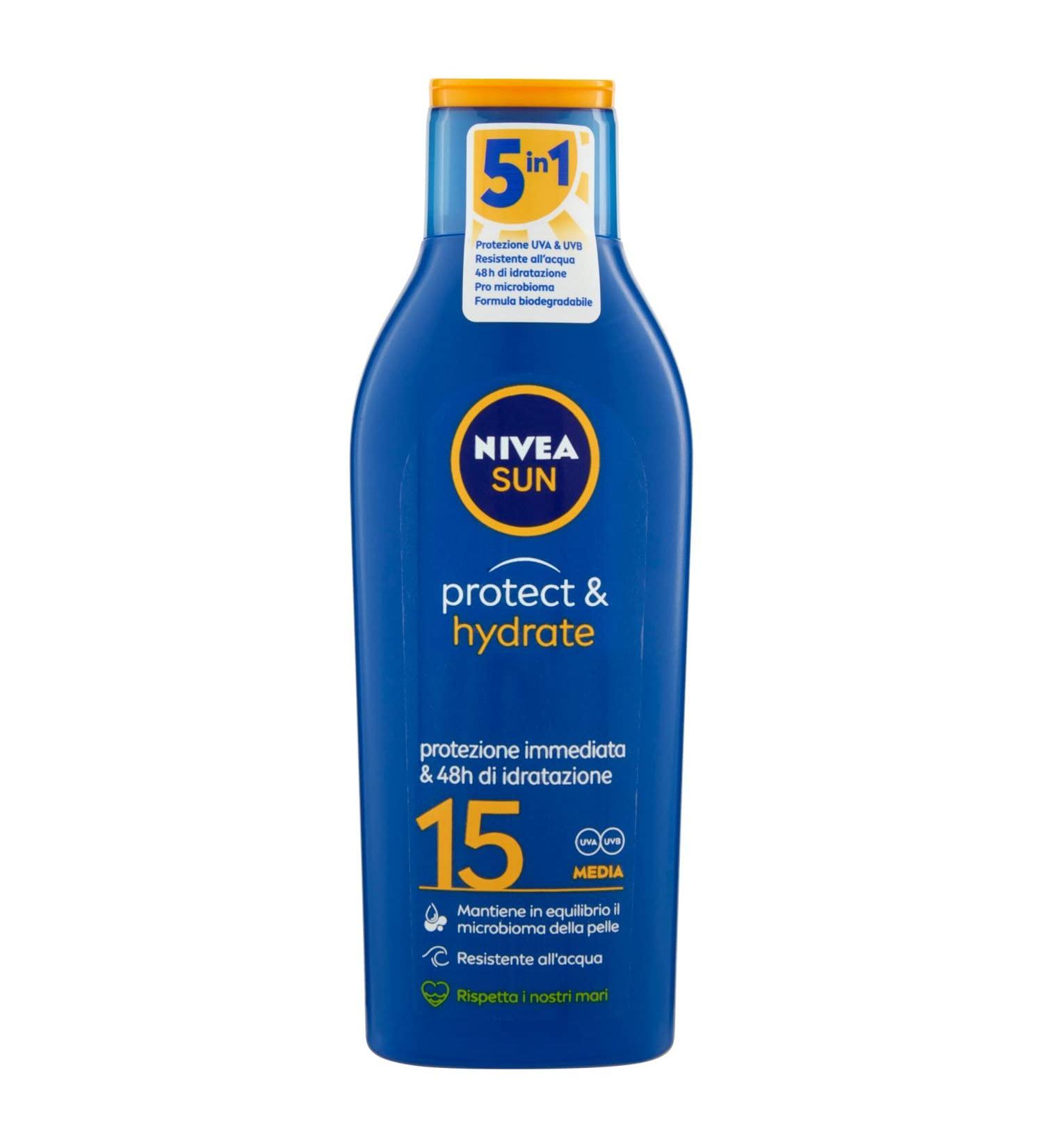 NIVEA FP15 Protect and Hydrate 200ml - Best Solar Sunscreen for All Skin Types - International Shipping Available - Buy Online on GoSupps.com