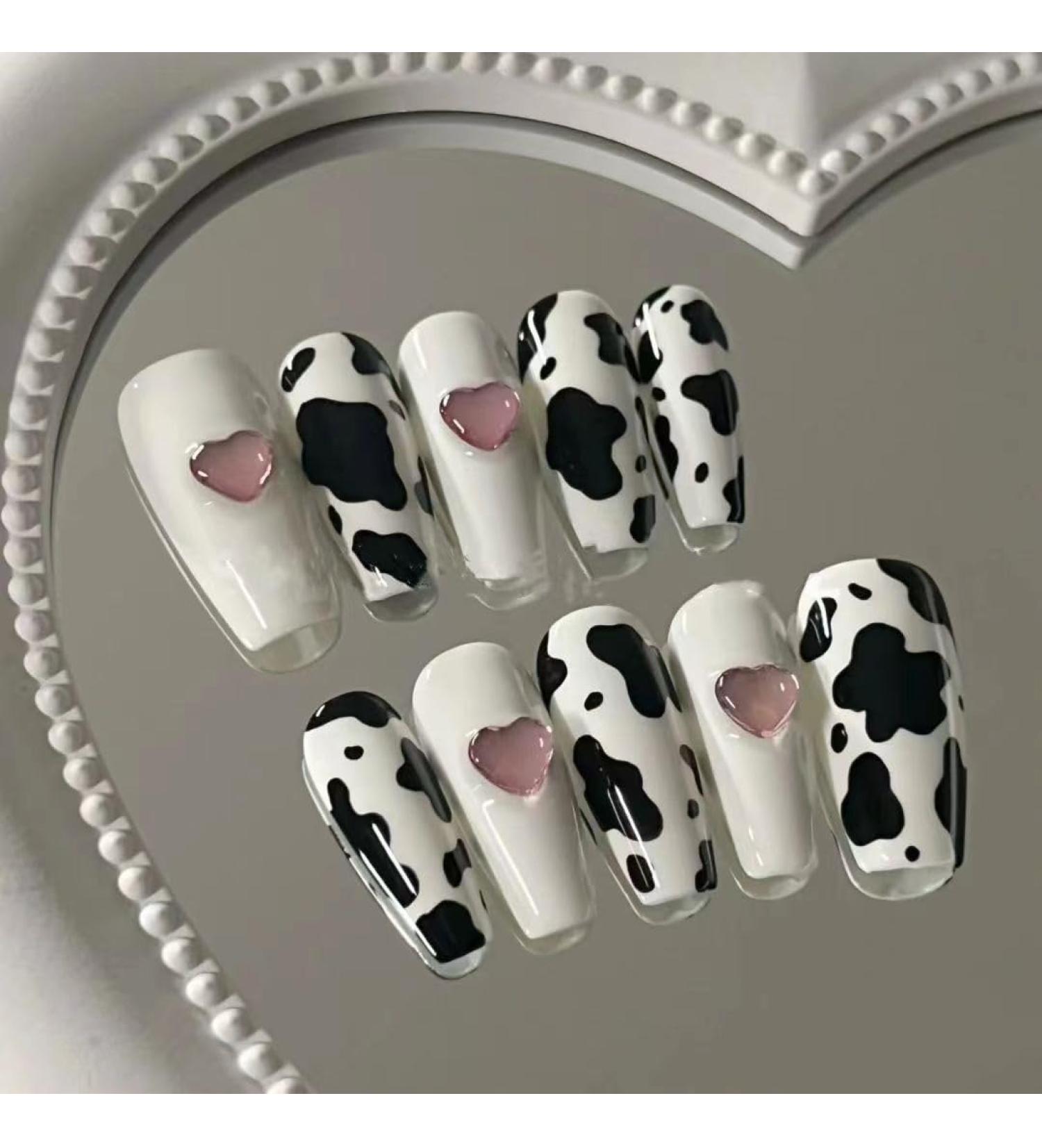 Temperament Enhancement Nail Patch Hand-Worn Nail Black-and-White Cow Pattern Three-Dimensional Love Diamond Manicure Versatile Fashion Student Short Paragraph (10-Piece Pack) (Size : S) Small