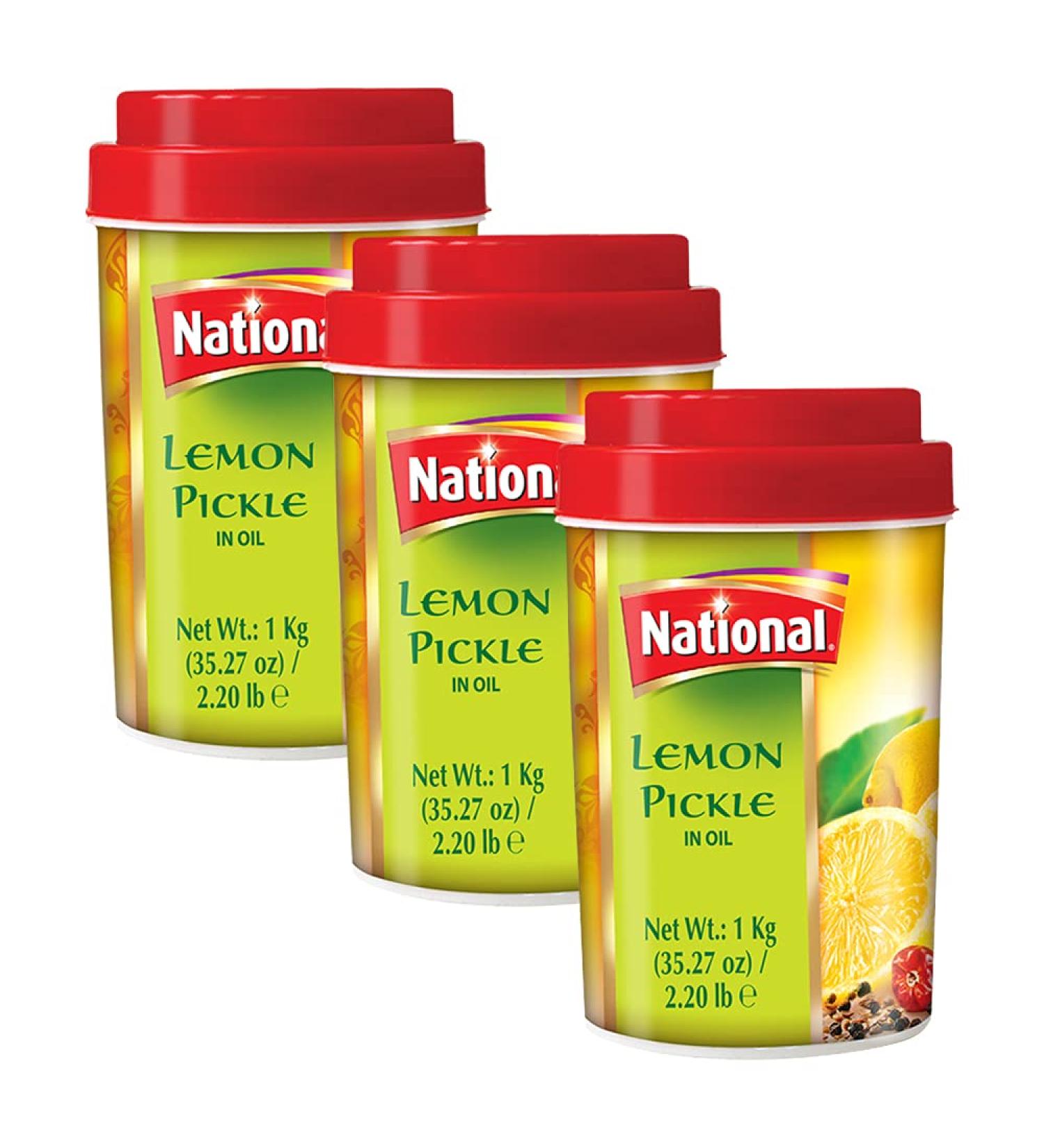 National Foods Lemon Pickle 35.27 oz (1000g) Sour & Spicy Traditional South Asian Relish | Zesty & Tangy Lemon Achaar | Plastic Jar | Pack of 3 Lemon (1000g) 1 kg (Pack of 3) - Buy Online on GoSupps.com