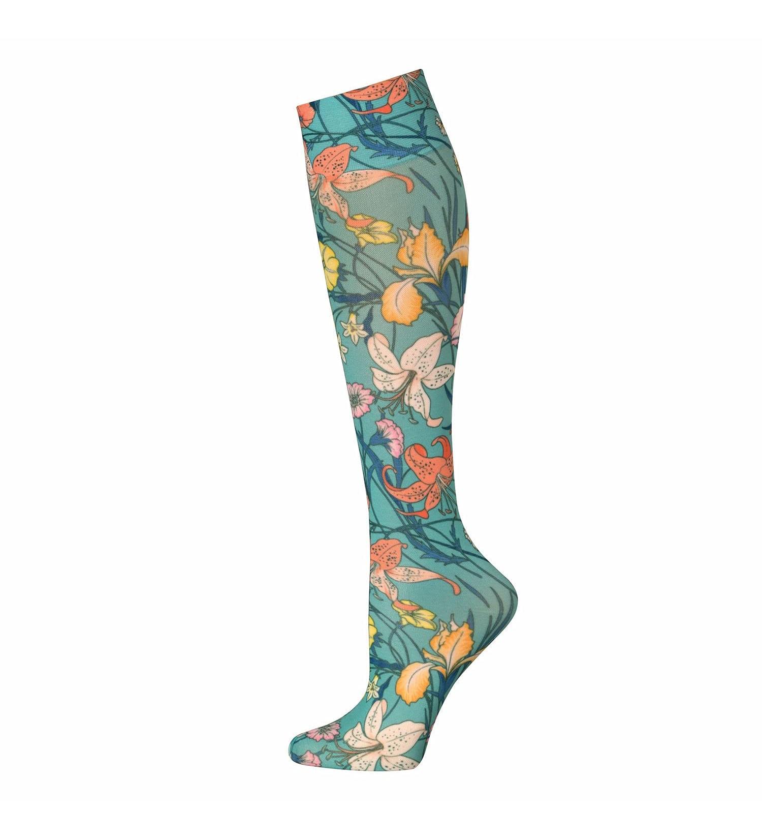 Celeste Stein Women's Closed Toe Mild Compression Knee High Stockings - Turquoise Lilies Floral Sublimated Print