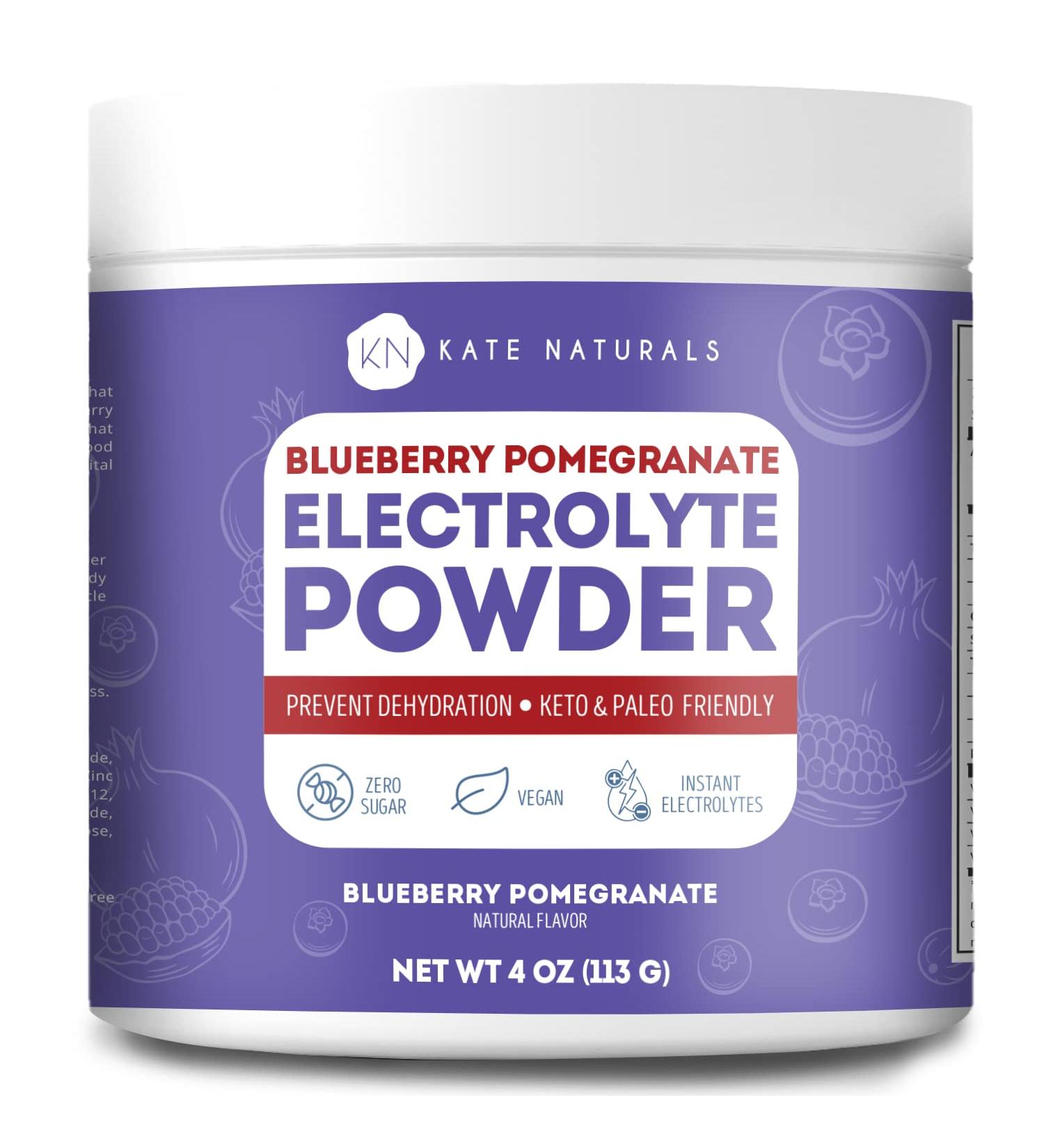 Kate Naturals Blueberry Pomegranate Electrolytes Powder 4oz Vegan  Instant Electrolytes  Restore Energy  Prevent Dehydration  Eliminate Cramps  Non-GMO  Keto-Friendly. Zero Sugar. - Buy Online on GoSupps.com