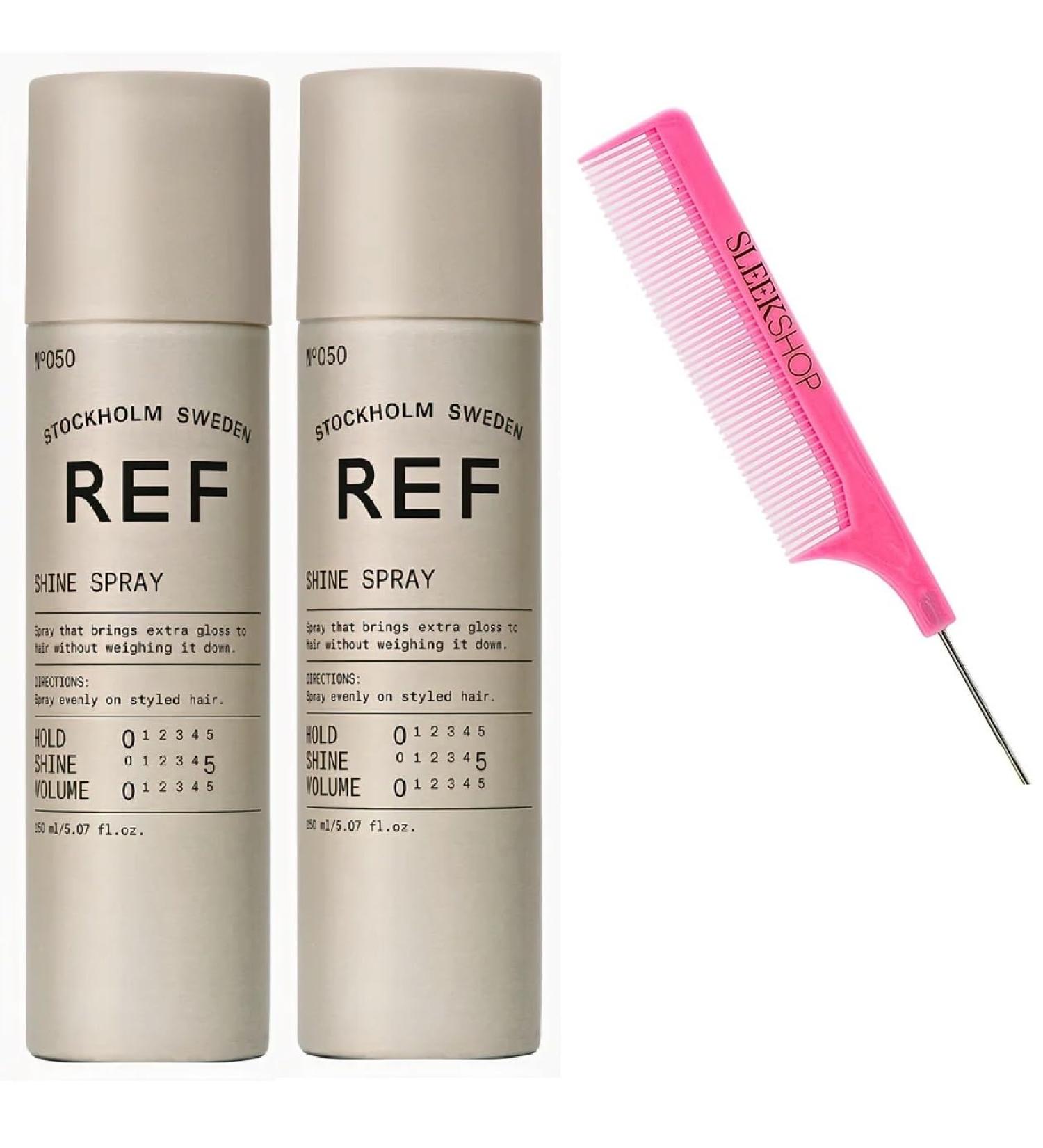 Comb + Reference of Sweden R.E.F. Stockholm 050 SHINE SPRAY Extra Gloss Hairspray for Shiny Hair (PACK OF 2) (w/PINK Argan-Infused Rat Tail Comb) (Shine Spray (5.07 oz) - PACK OF 2) 050 Shine Spray (5.07 oz) - PACK OF 2