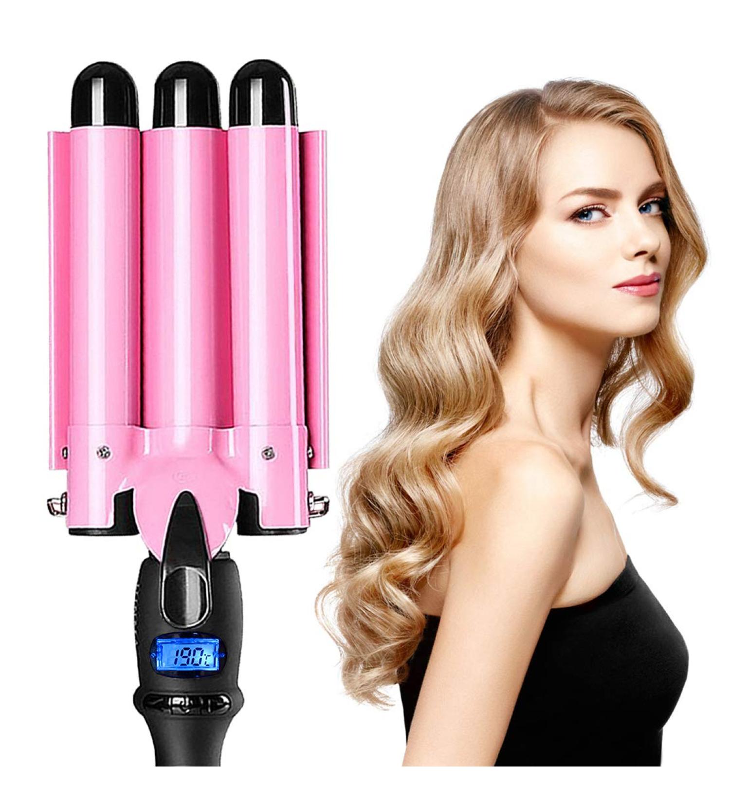 3 Barrel Curling Iron Wand Hair Crimper | 1 Inch Hair Waver Iron with LCD Temp Display | Ceramic Tourmaline Crimper Hair Iron | Pink Hair Curler - Adjustable Temperature - Buy Online on GoSupps.com