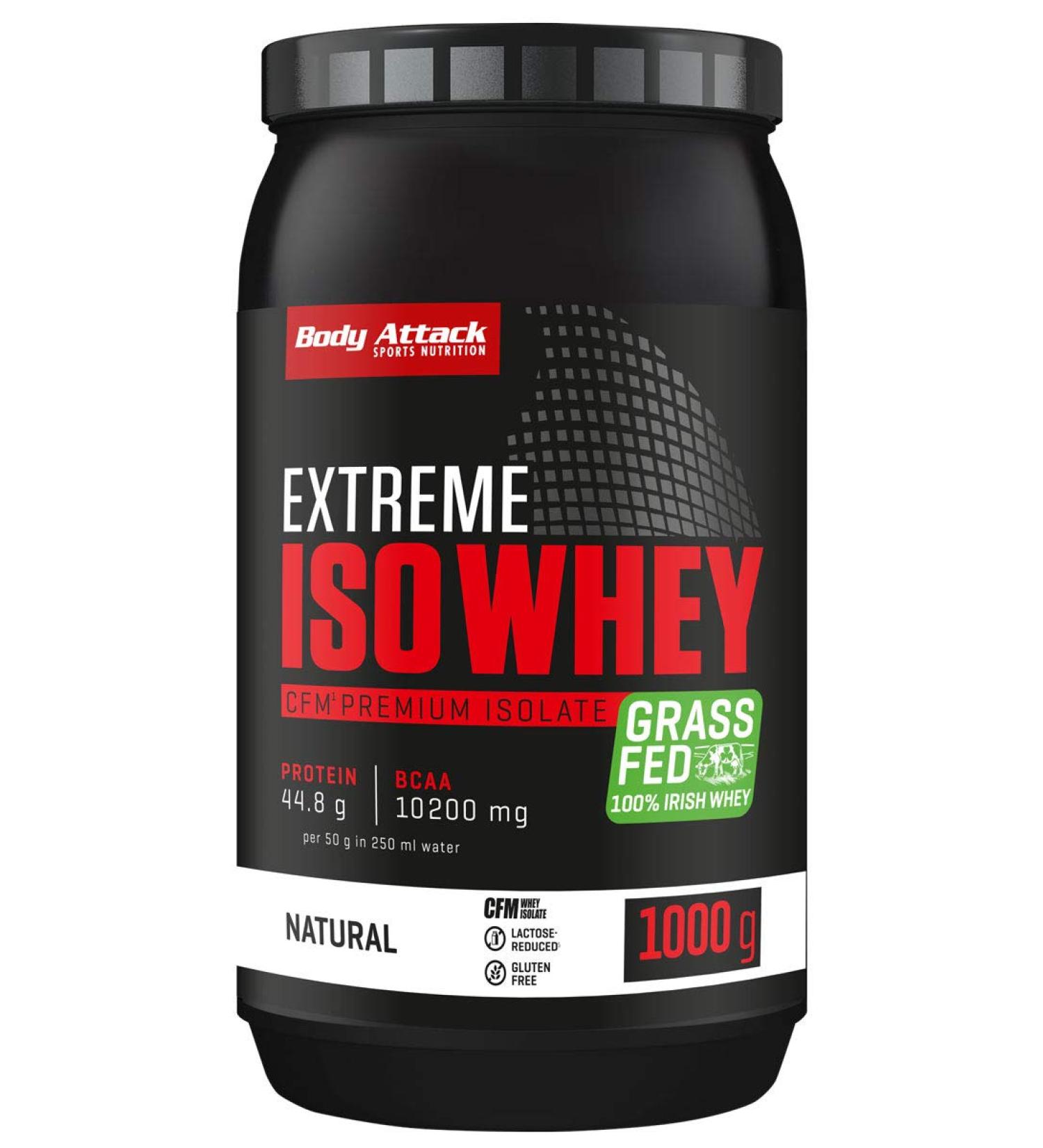 Body Attack Extreme ISO Whey Protein Isolate - 1kg CFM from 100% Irish Pasture Milk - Gluten-Free Low Fat Rich in EAAs Aspartame-Free - Buy Online on GoSupps.com